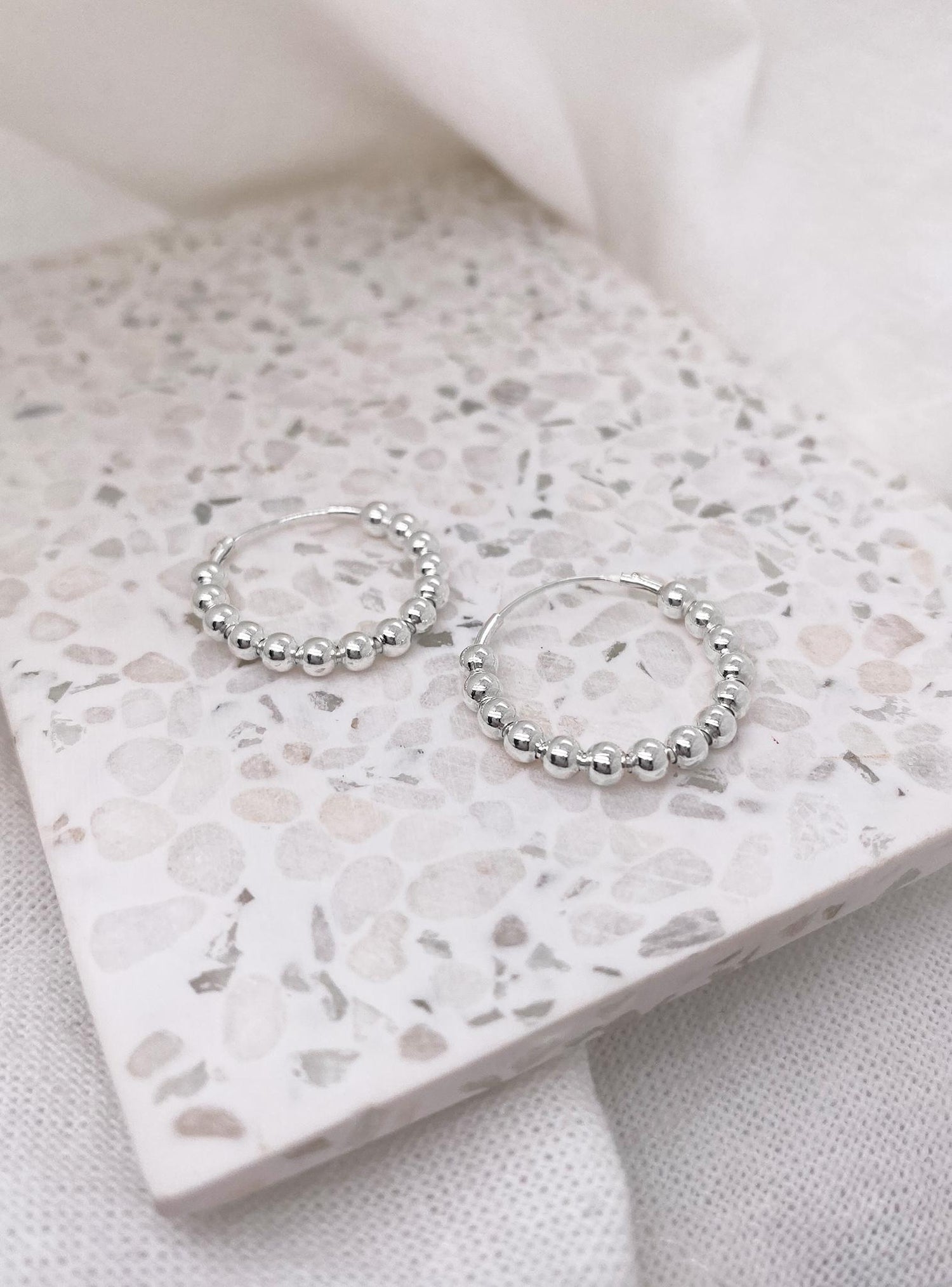 Elise 3mm Ball Beads 20mm Hoop Earrings in Sterling Silver
