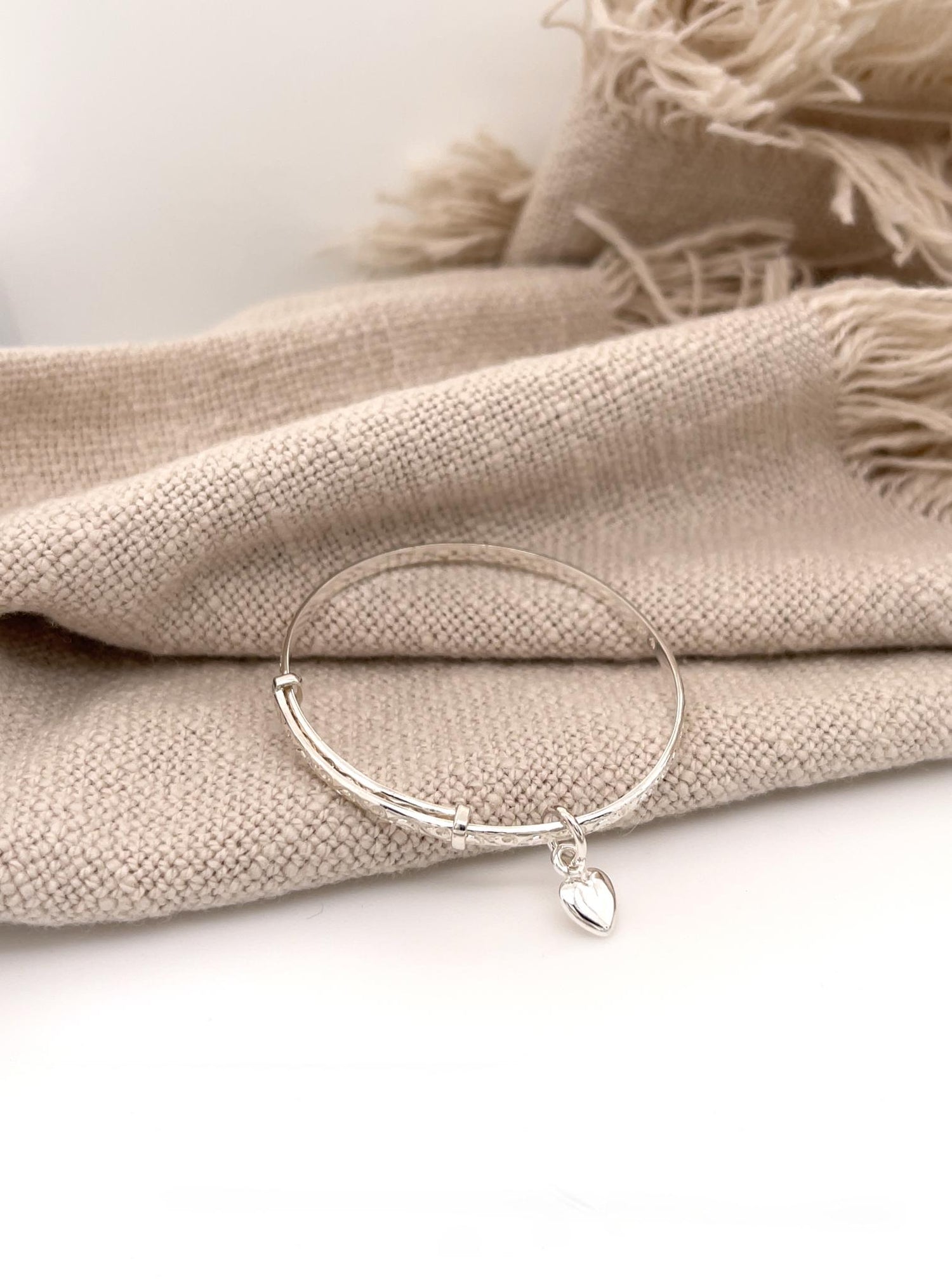 Baby Solid Sterling Silver Filigree Heart Charm Expanding Bangle