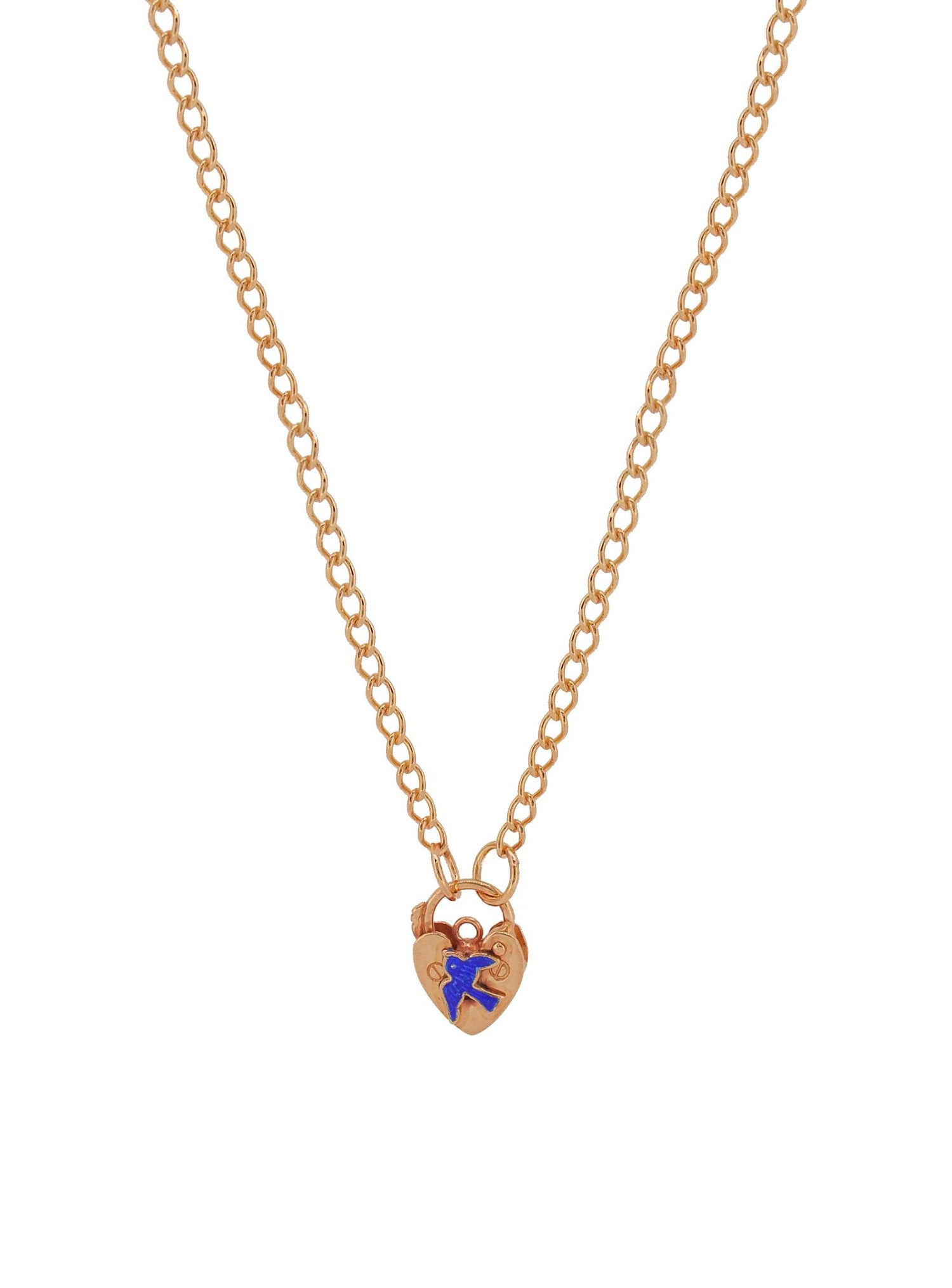 Bluebird Happiness Charm Padlock Necklace in Rose Gold