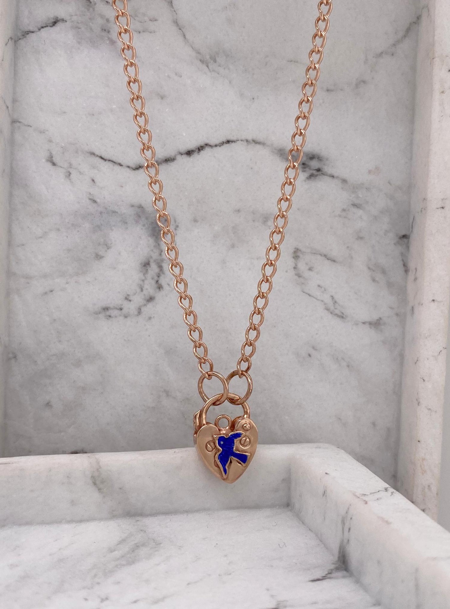 Bluebird Happiness Charm Padlock Necklace in Rose Gold
