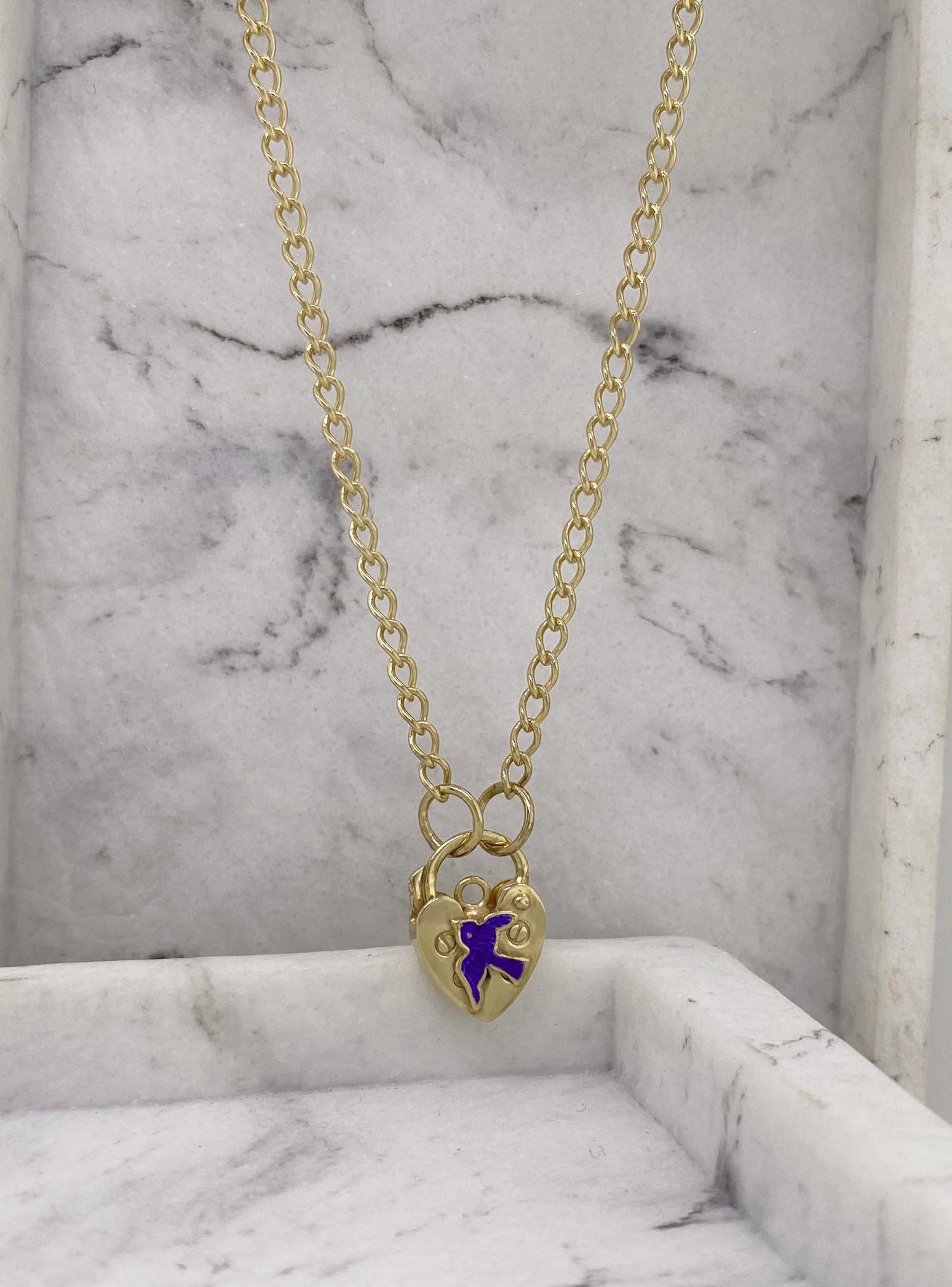 Bluebird Happiness Charm Padlock Necklace in Gold