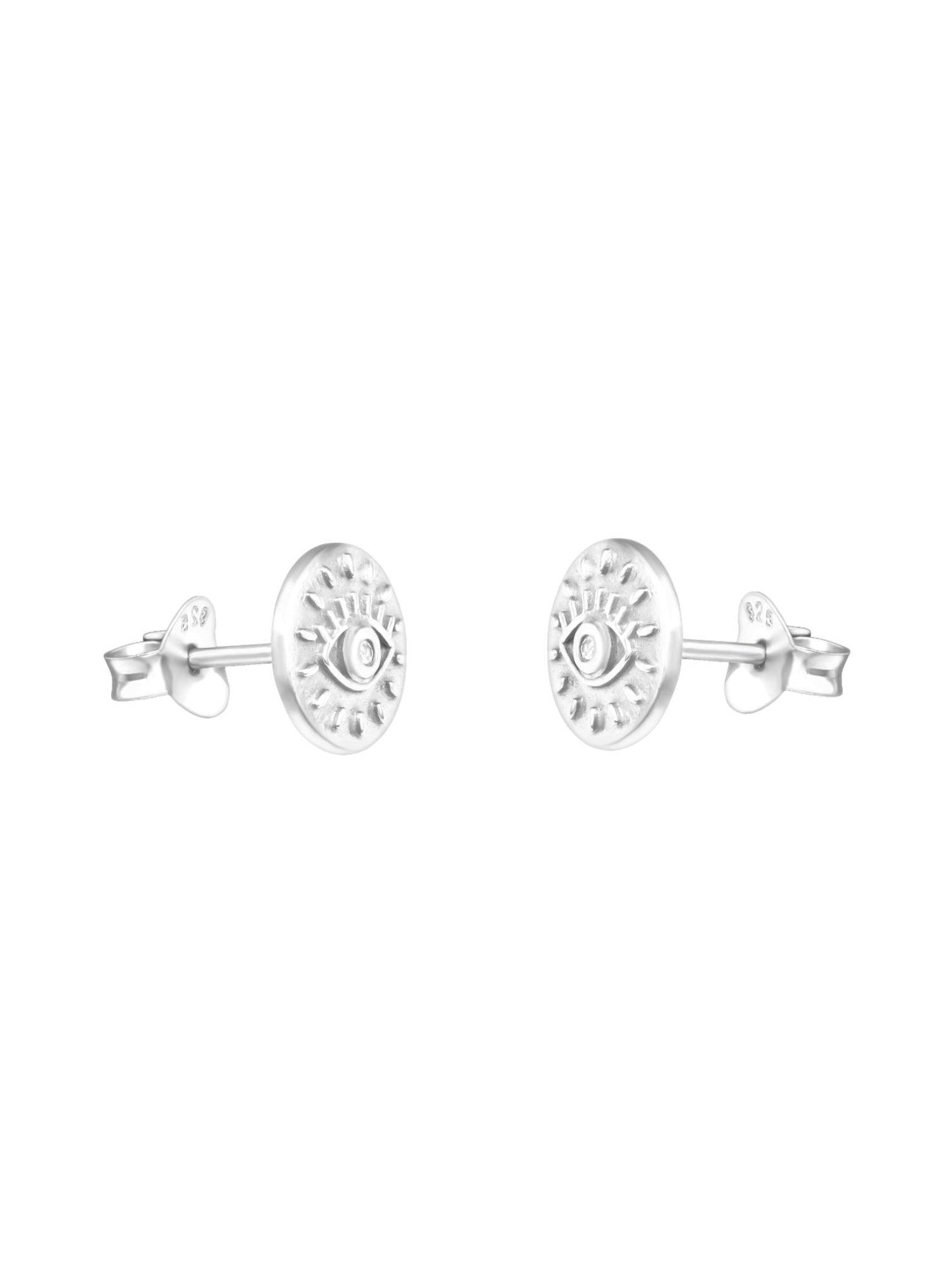 Circle Disc Evil Eye Stud Earrings in Sterling Silver