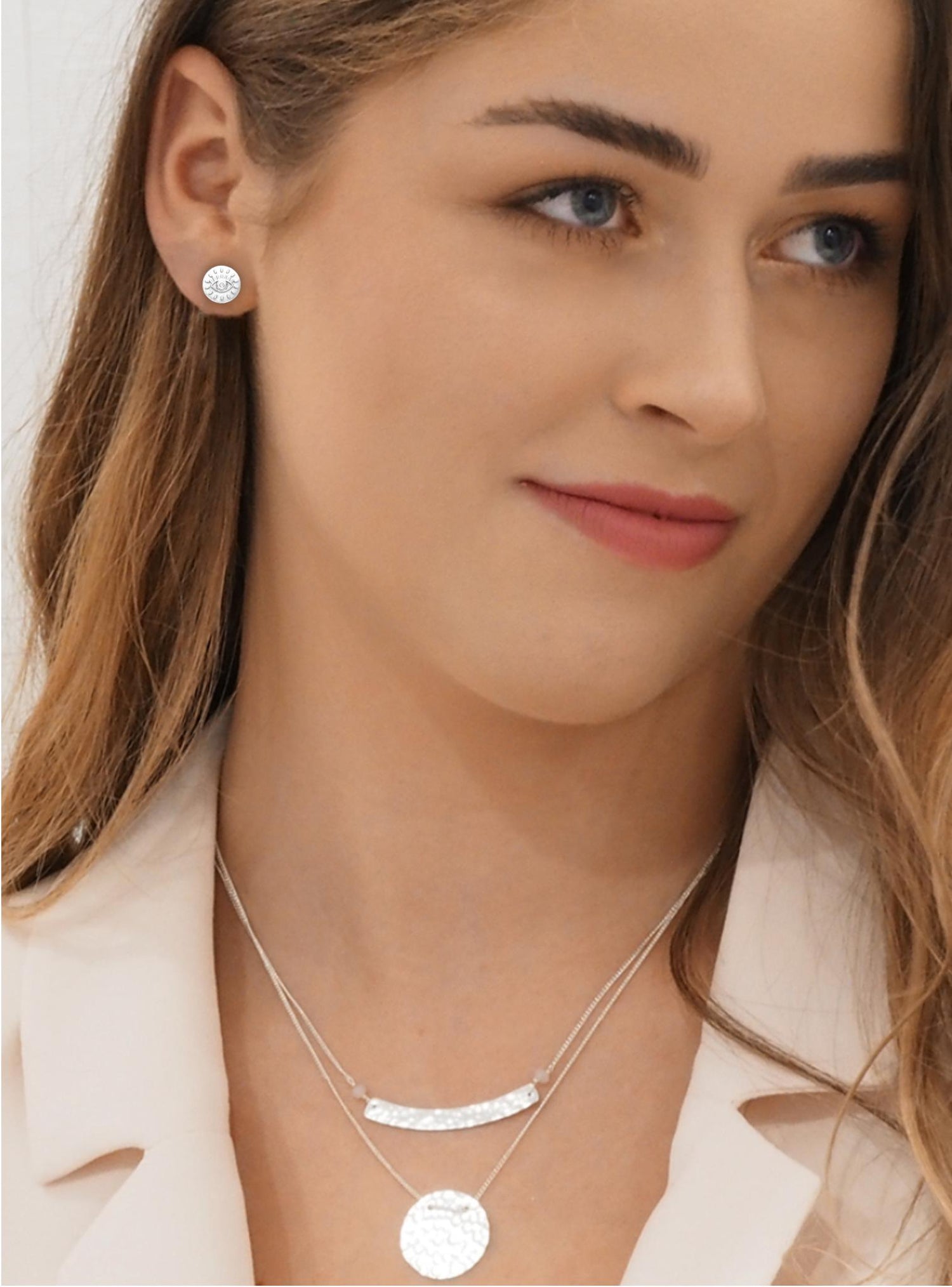 Circle Disc Evil Eye Stud Earrings in Sterling Silver