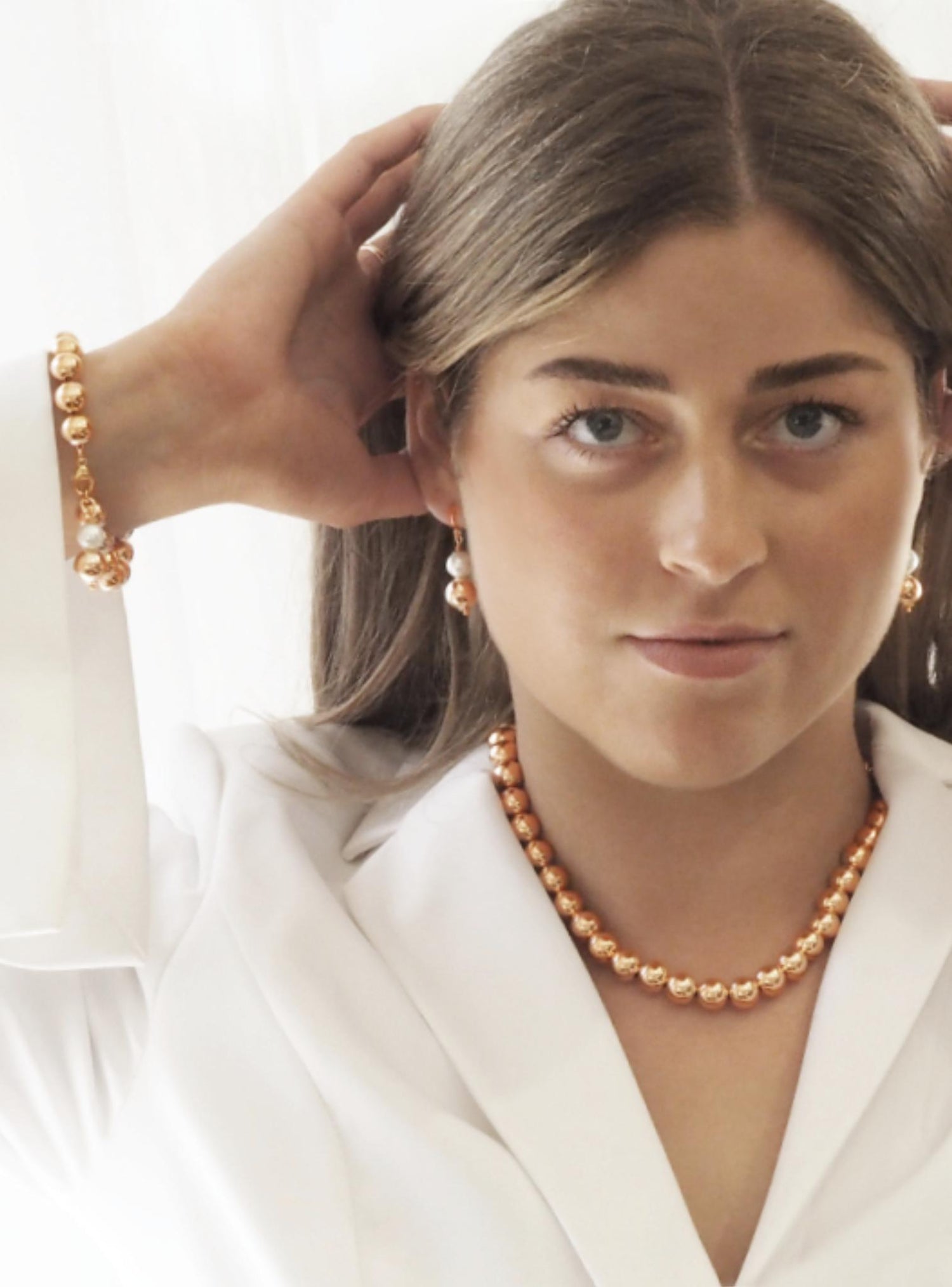 Spherical Pearl Ball Bead Necklace in 14k Rolled Rose Gold