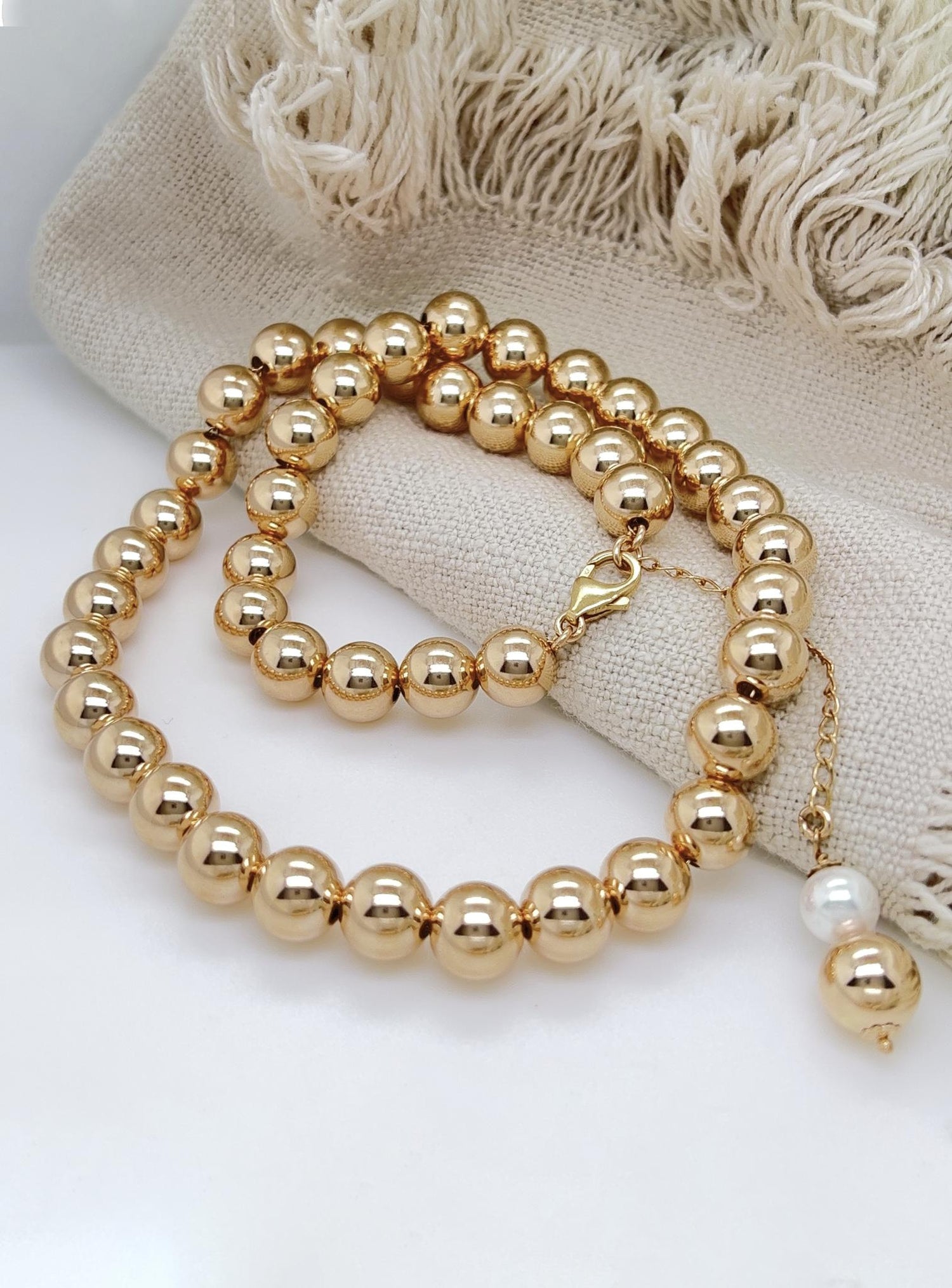 Spherical Pearl Ball Bead Necklace in 14k Rolled Gold