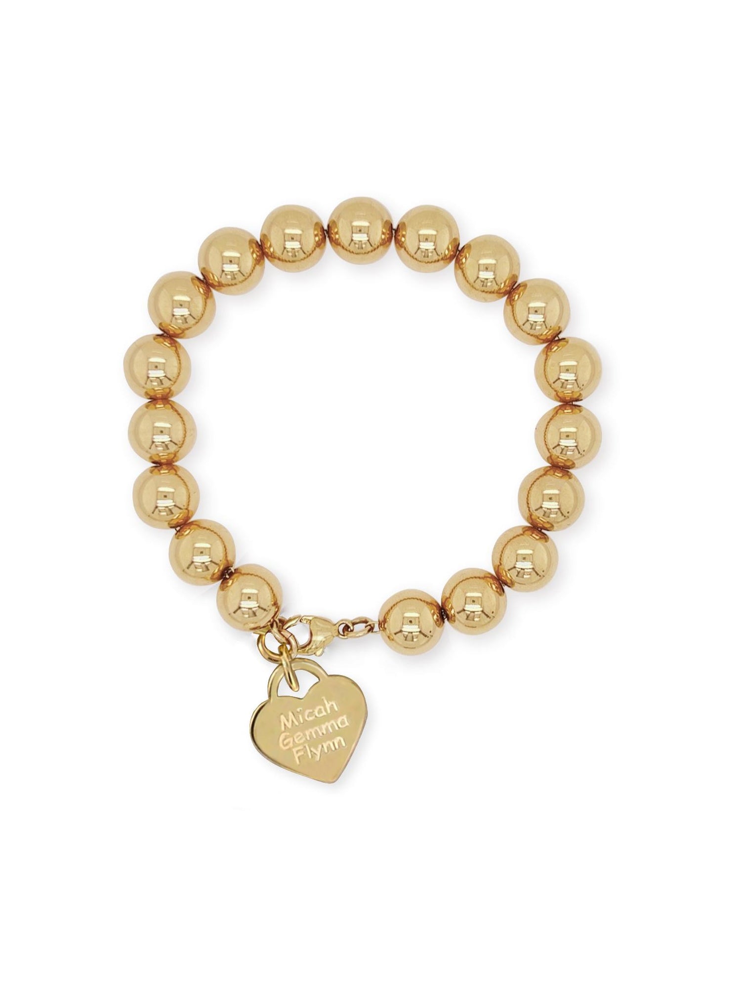 Spherical 8mm Ball Bead Heart Charm Bracelet in Gold