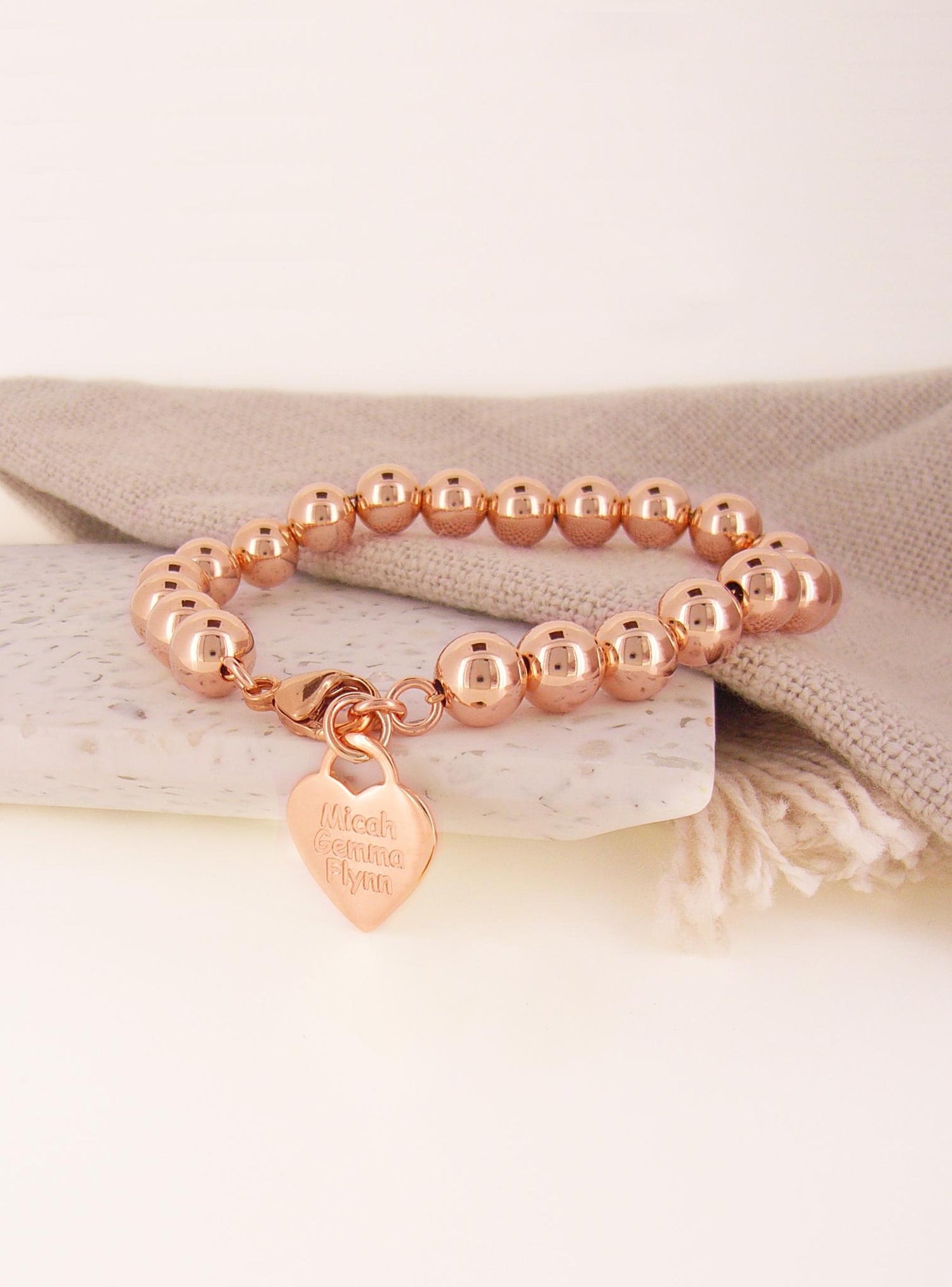 Spherical 8mm Ball Bead Heart Charm Bracelet in Rose Gold
