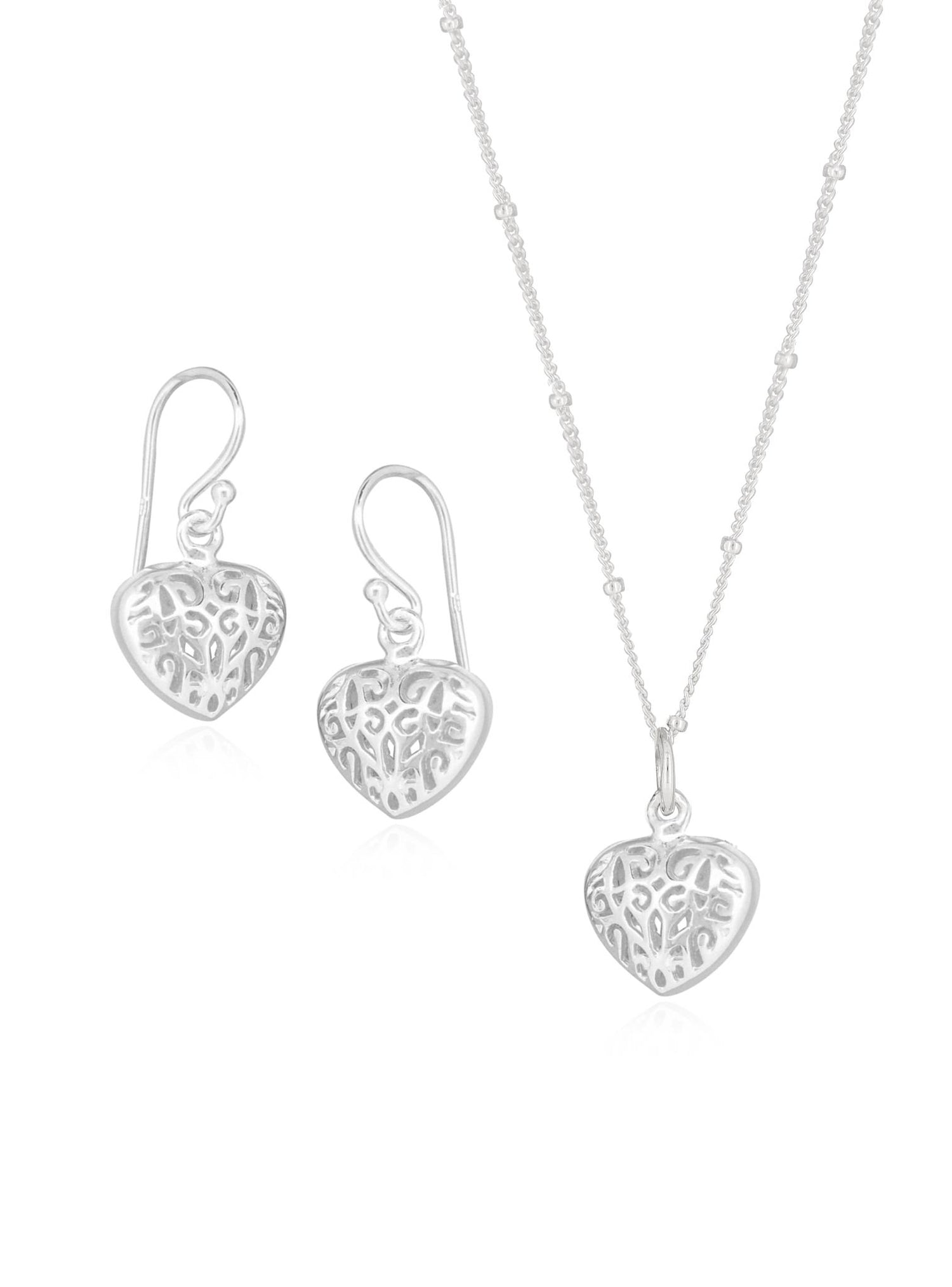 Reagan Filigree Heart Charm Earrings and Necklace in Sterling Silver