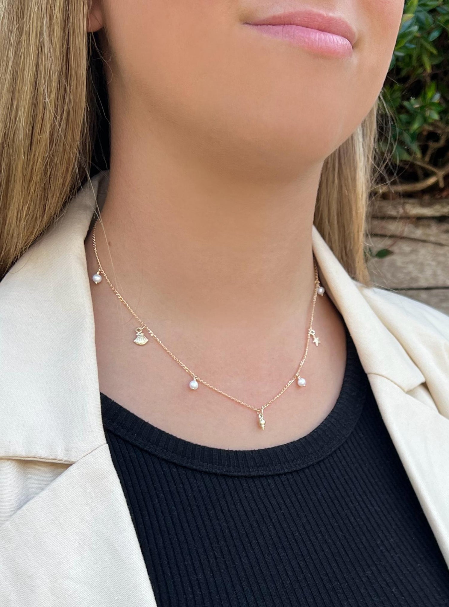 Coco Seaside Pearl Charm Station Necklace in 9ct Rose Gold