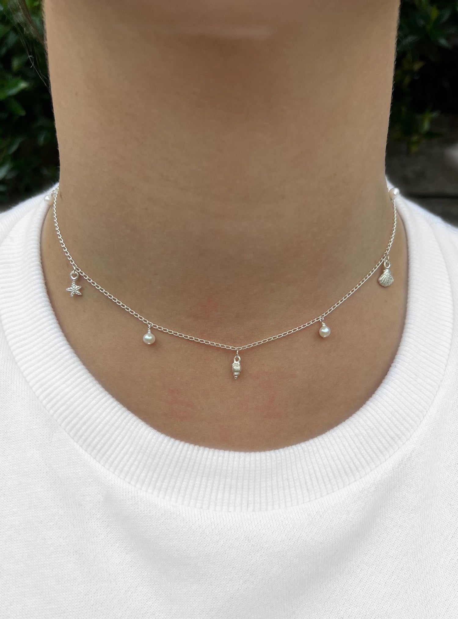 Coco Seaside Pearl Charm Station Necklace in Sterling Silver