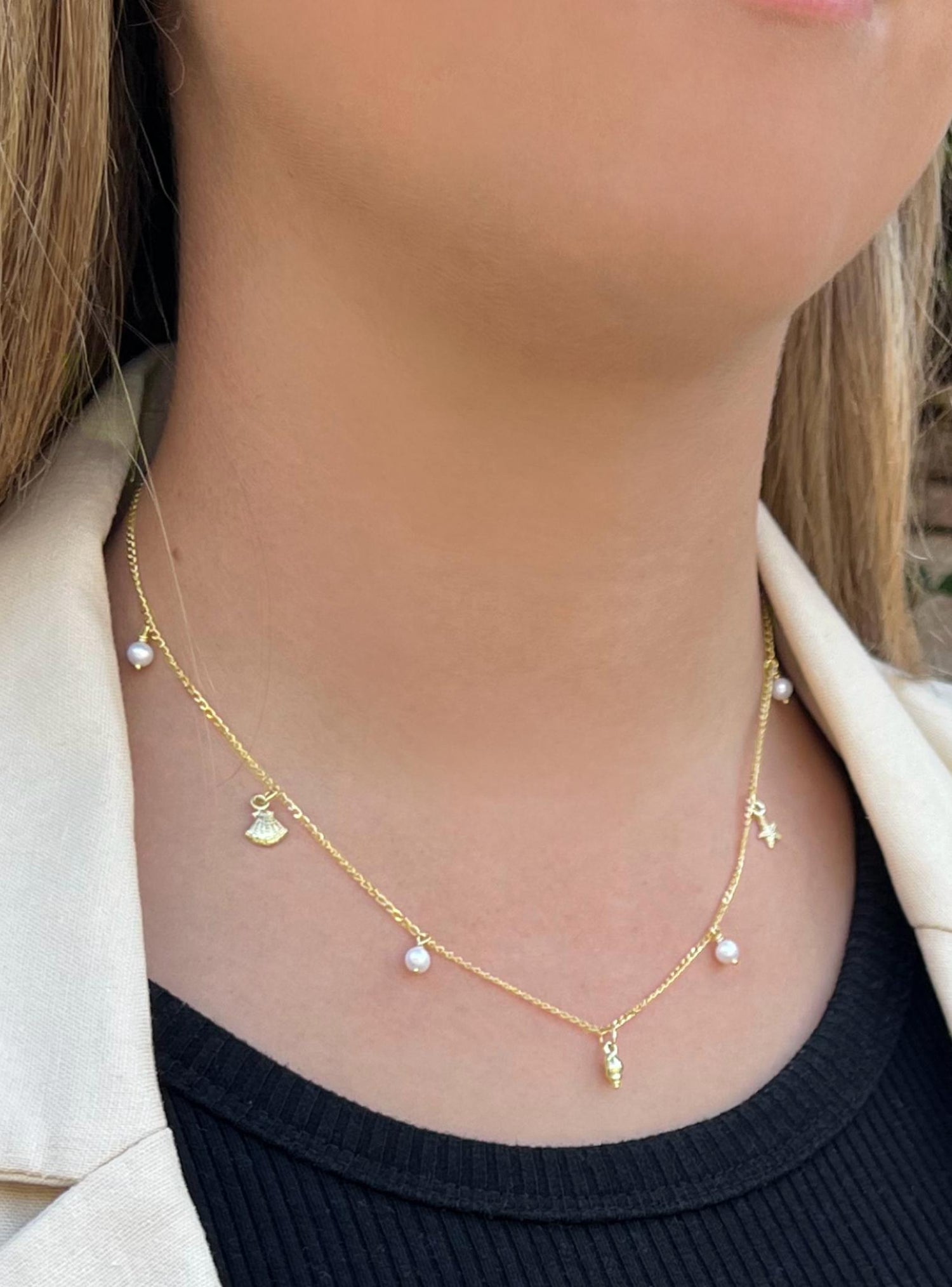Coco Seaside Pearl Charm Station Necklace in 9ct Gold