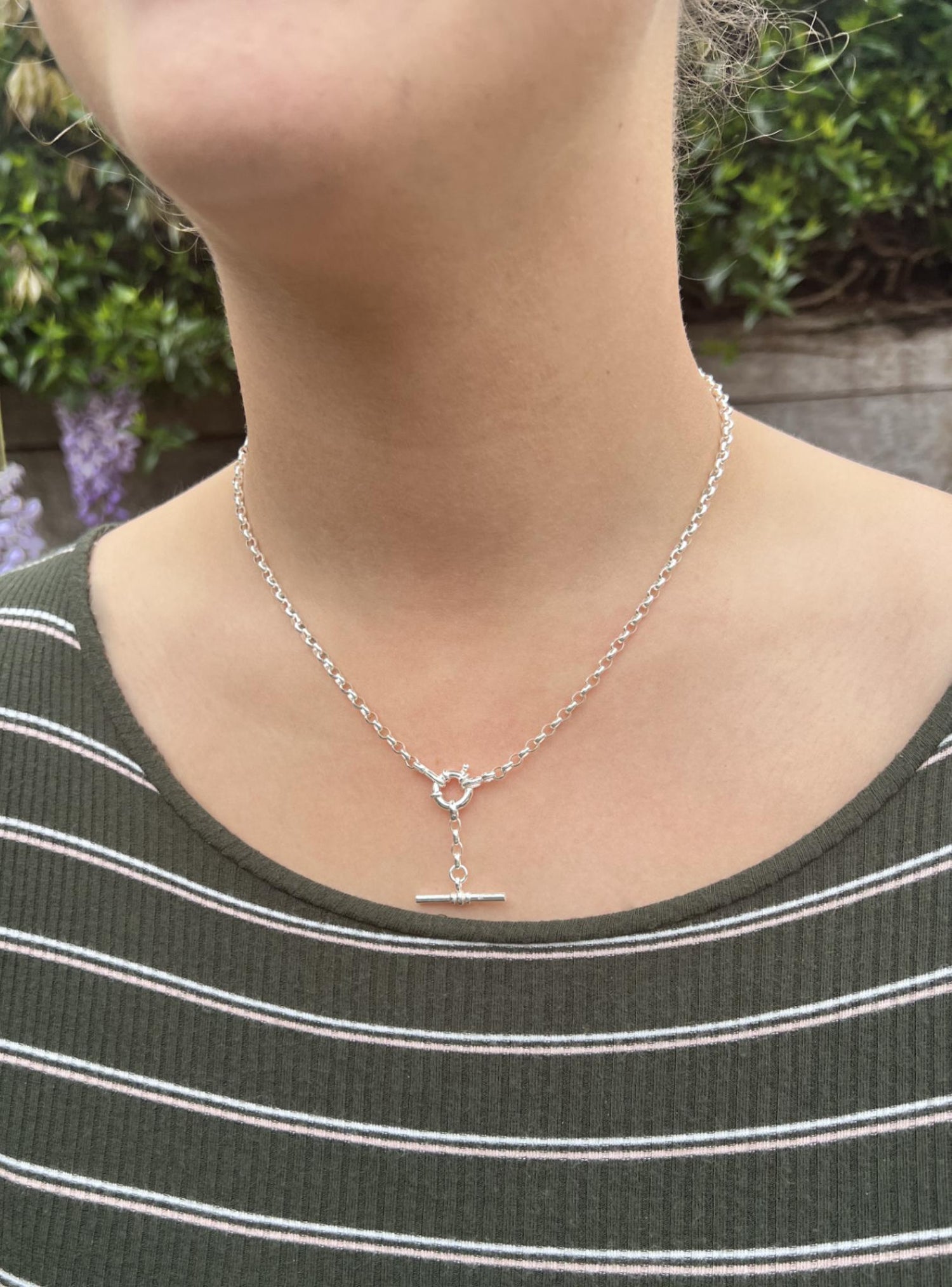Oval Belcher Bolt Ring TBar Fob Necklace Chain in Sterling Silver