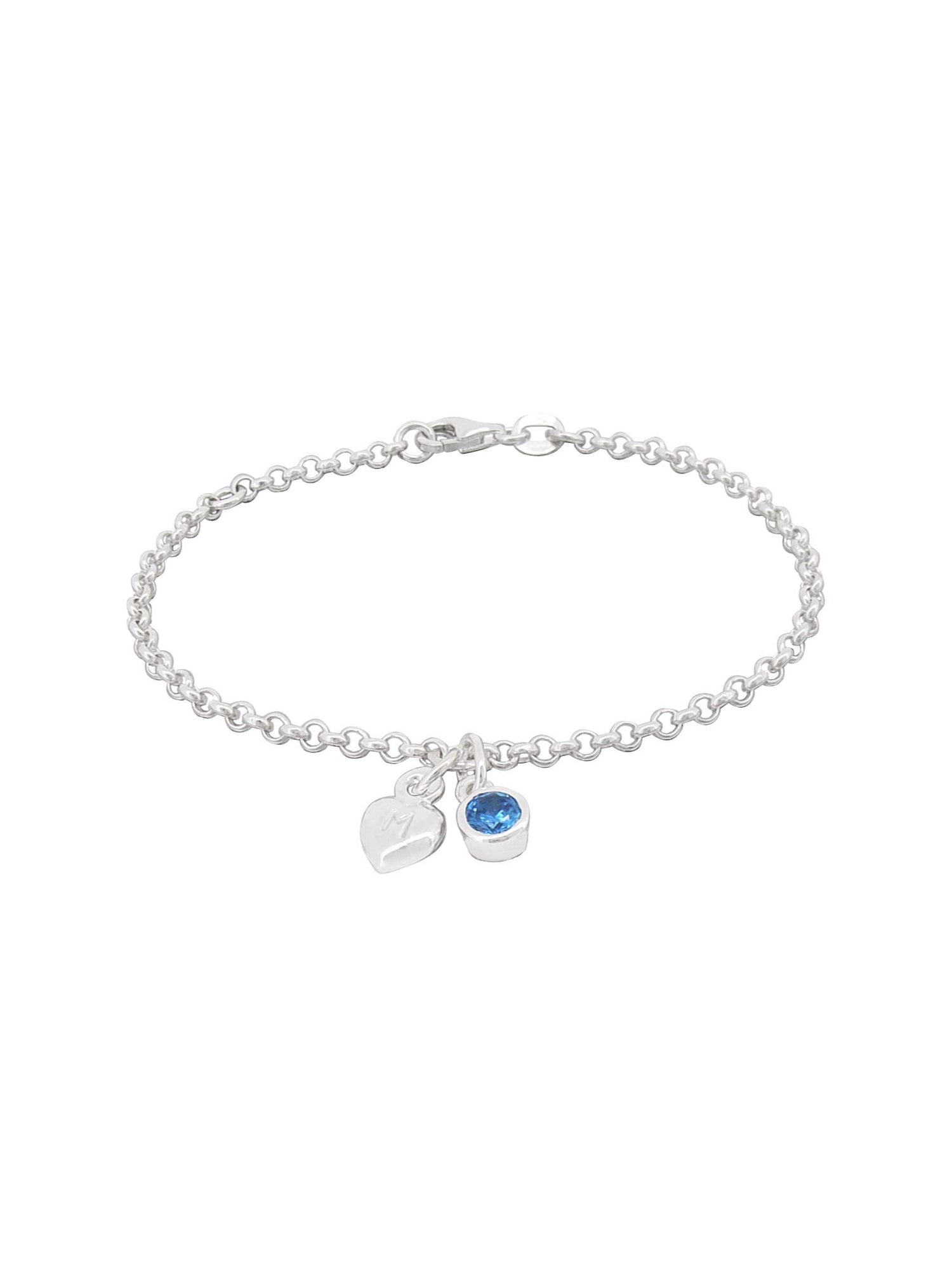 Birthstone Belcher Heart Charm Bracelet in Sterling Silver
