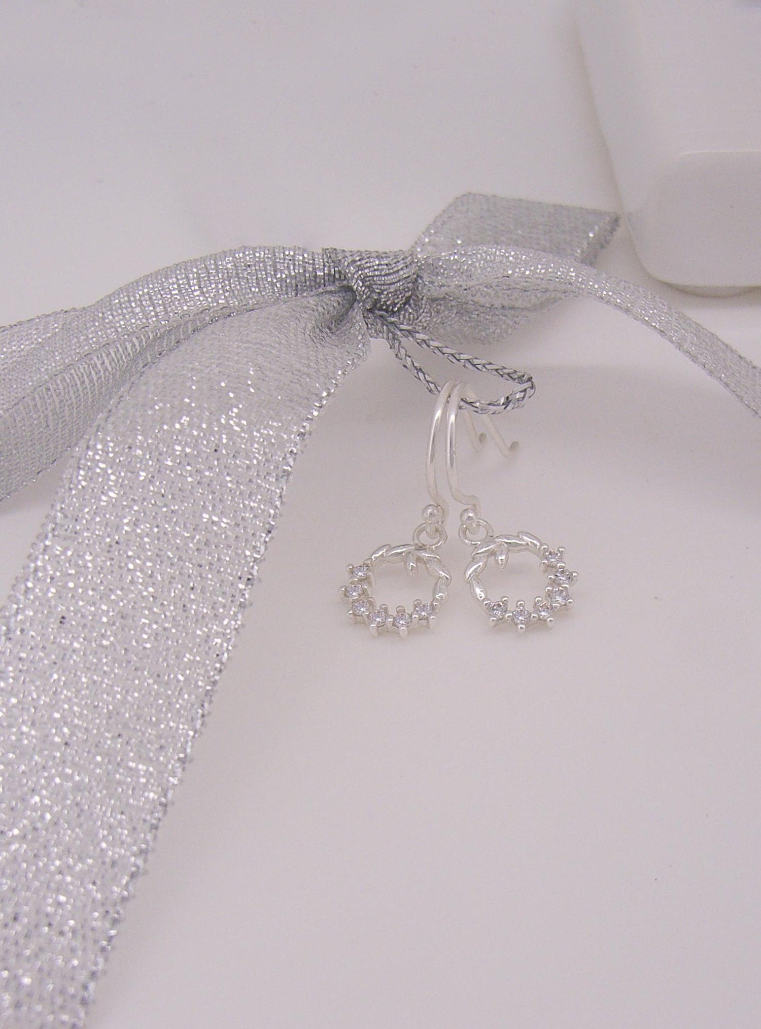 Christmas Wreath CZ Charm Earrings in Silver