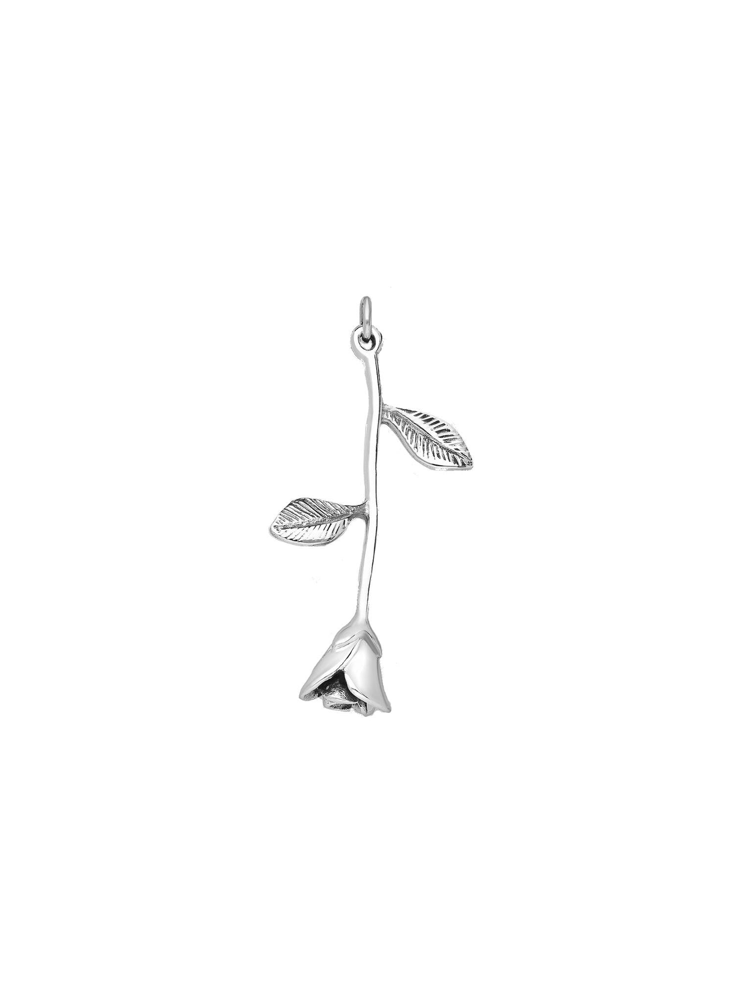Reagan Long Stem Rose Flower Charm Pendant  in Sterling Silver