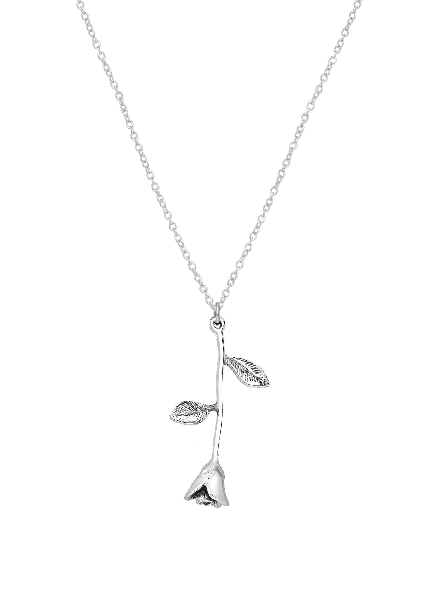 Reagan Long Stem Rose Flower Charm Pendant  in Sterling Silver