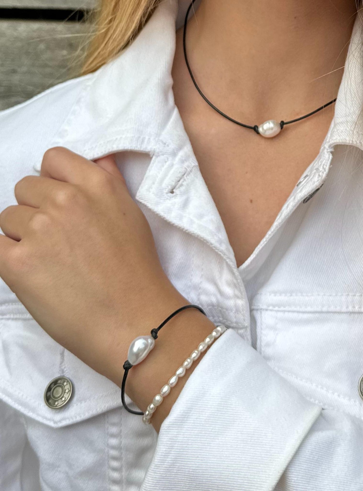 Lulu Black Leather Cord Pearl Adjustable Bracelet