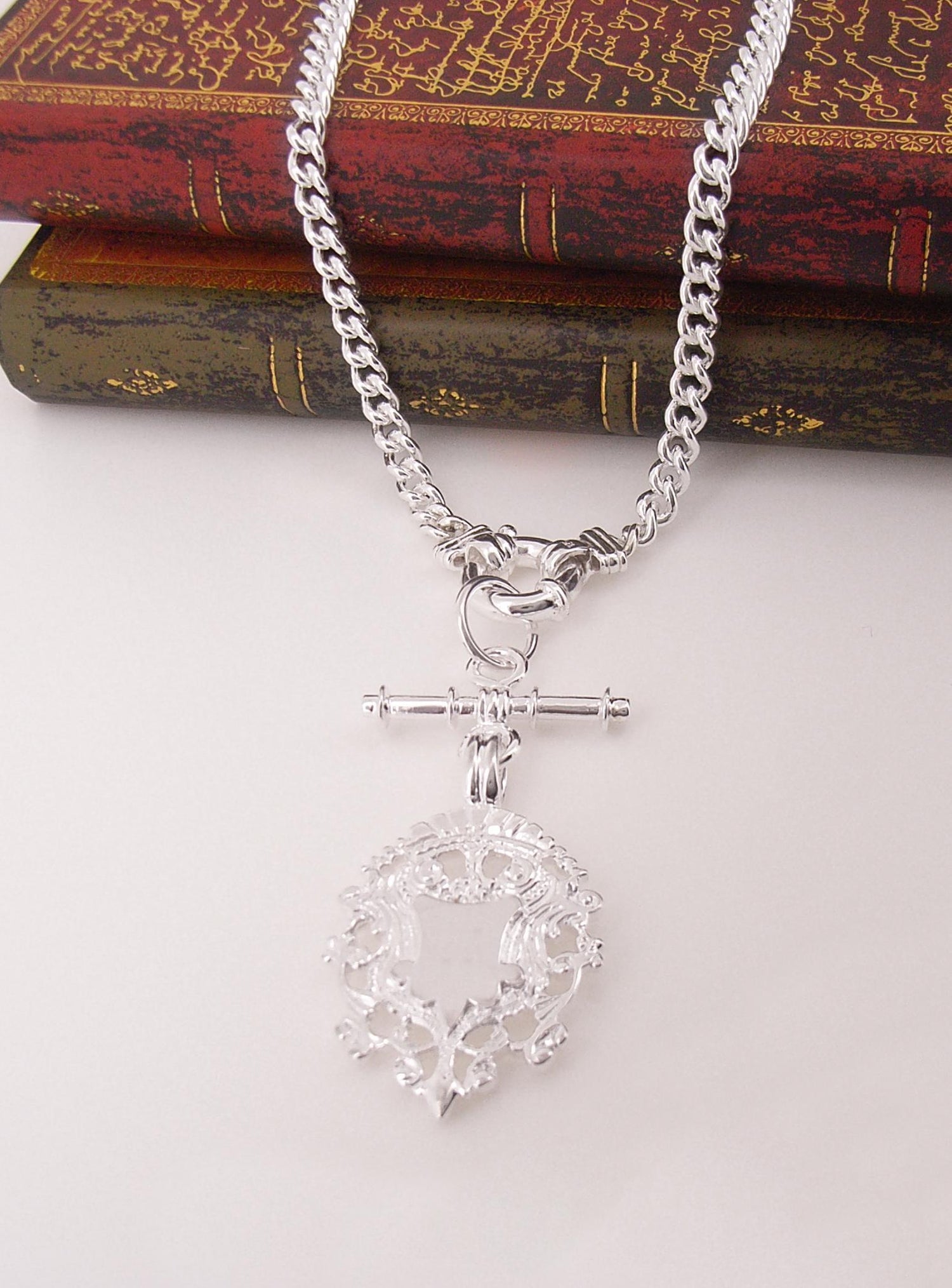 Unisex Tbar Fob Chain Shield Pendant Necklace in Sterling Silver
