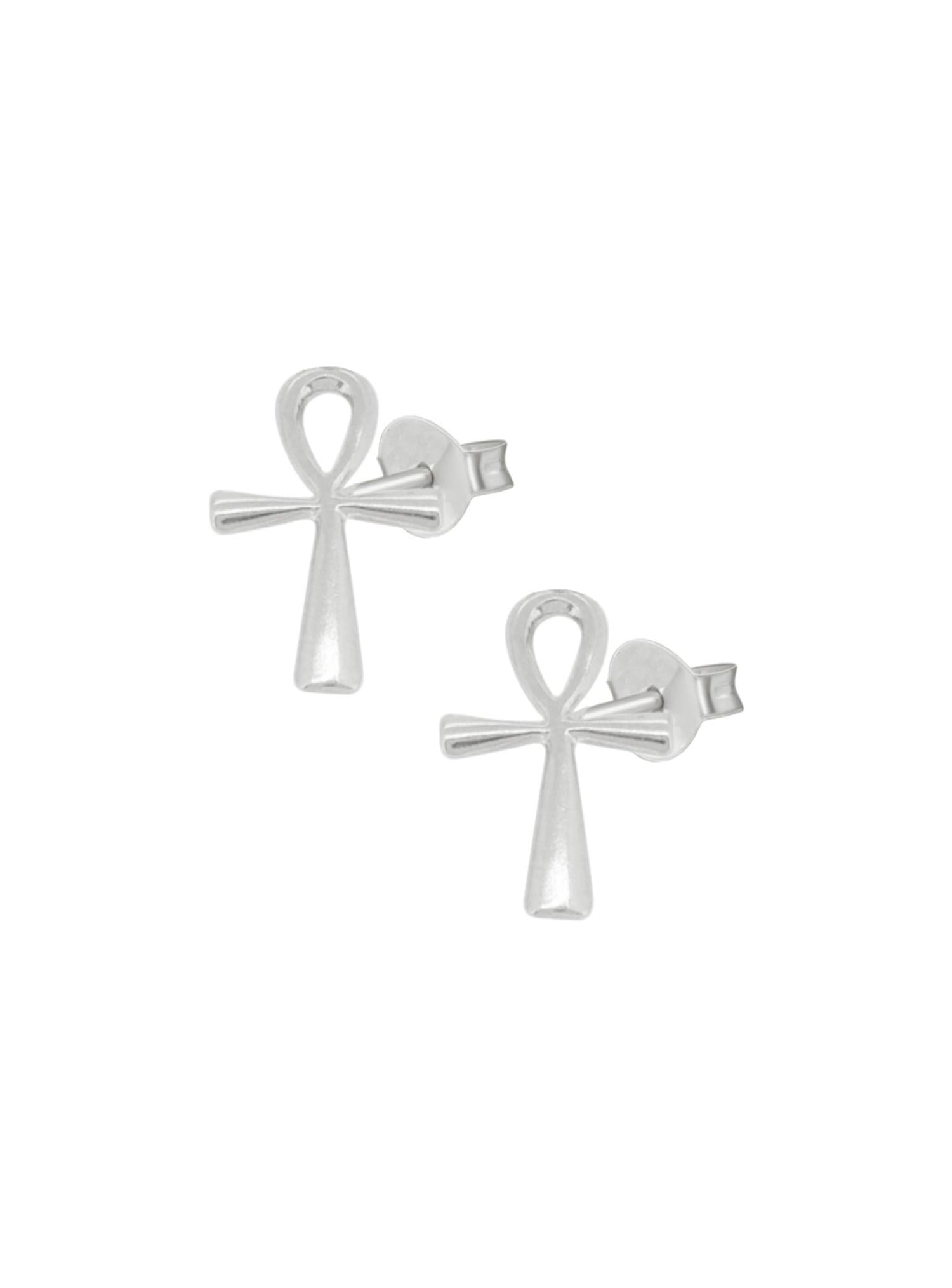 Egyptian Ankh Charm Stud Earrings in Sterling Silver
