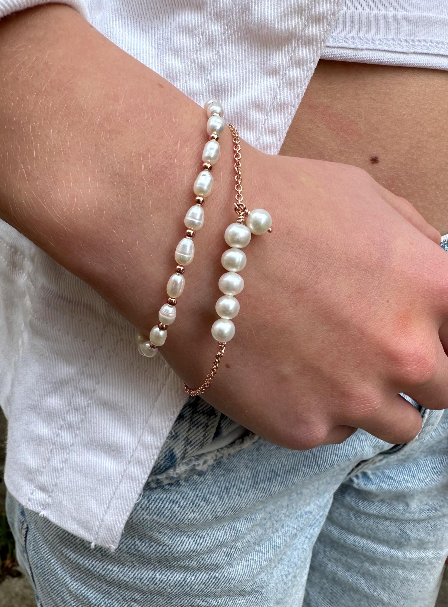 Lulu Small to XL Sizes Pearl Ball Bead Bracelet in Rose Gold