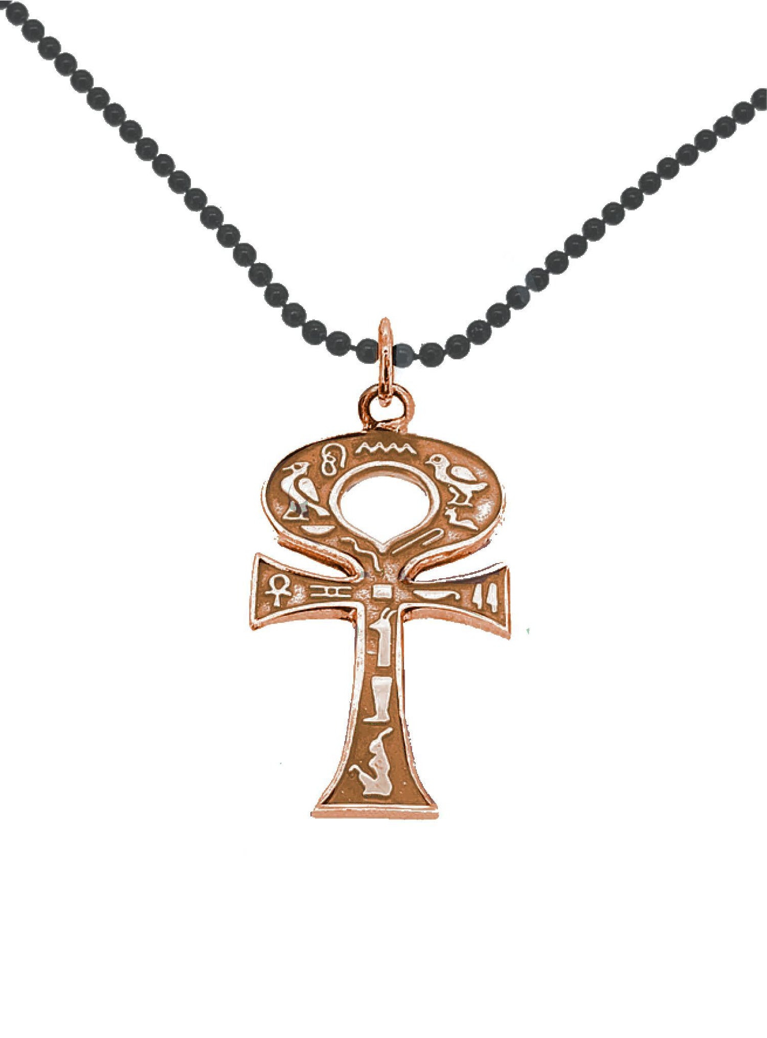 Egyptian Ankh Cross Pendant Black Ball Necklace in 9ct Rose Gold