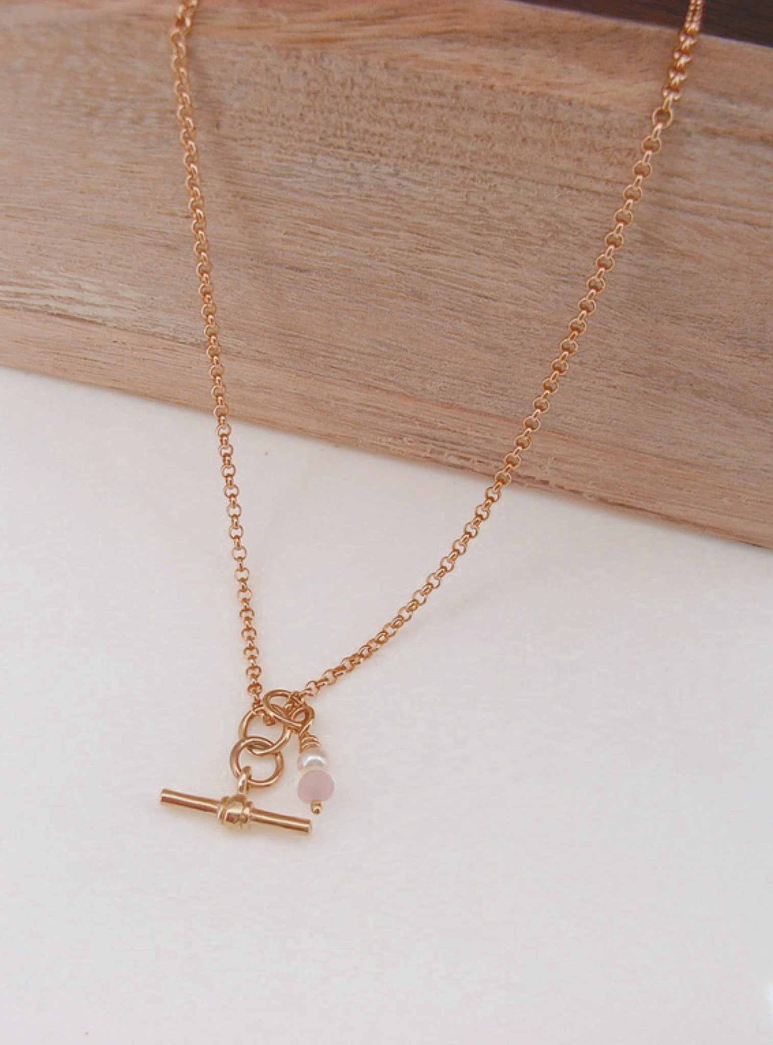 Dainty Small Fob TBar Belcher Necklace in 9ct Rose Gold