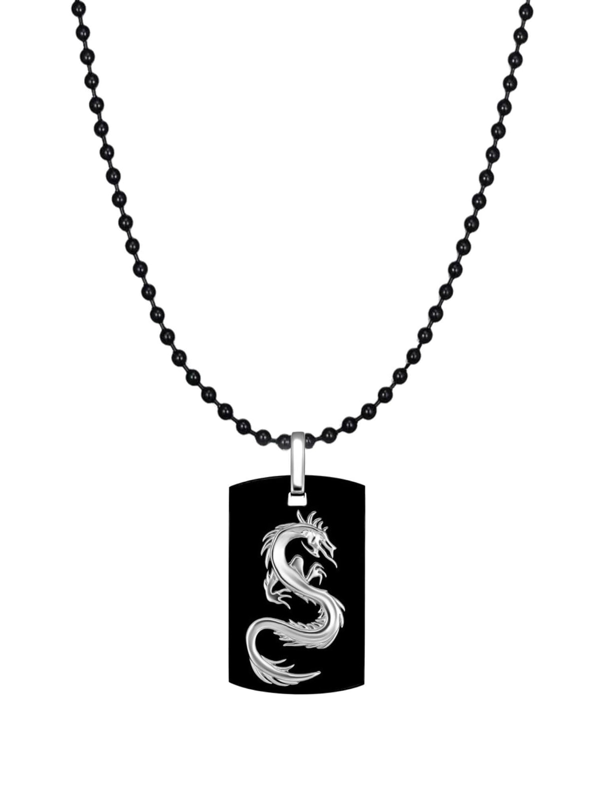 Black Onyx Unisex Dragon Pendant Black Ball Necklace