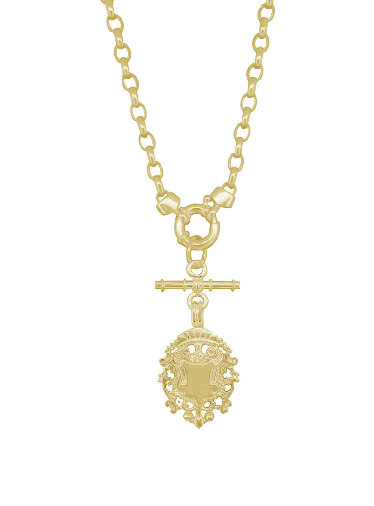Unisex Tbar Fob Belcher Chain Shield Necklace in Solid 9ct Gold