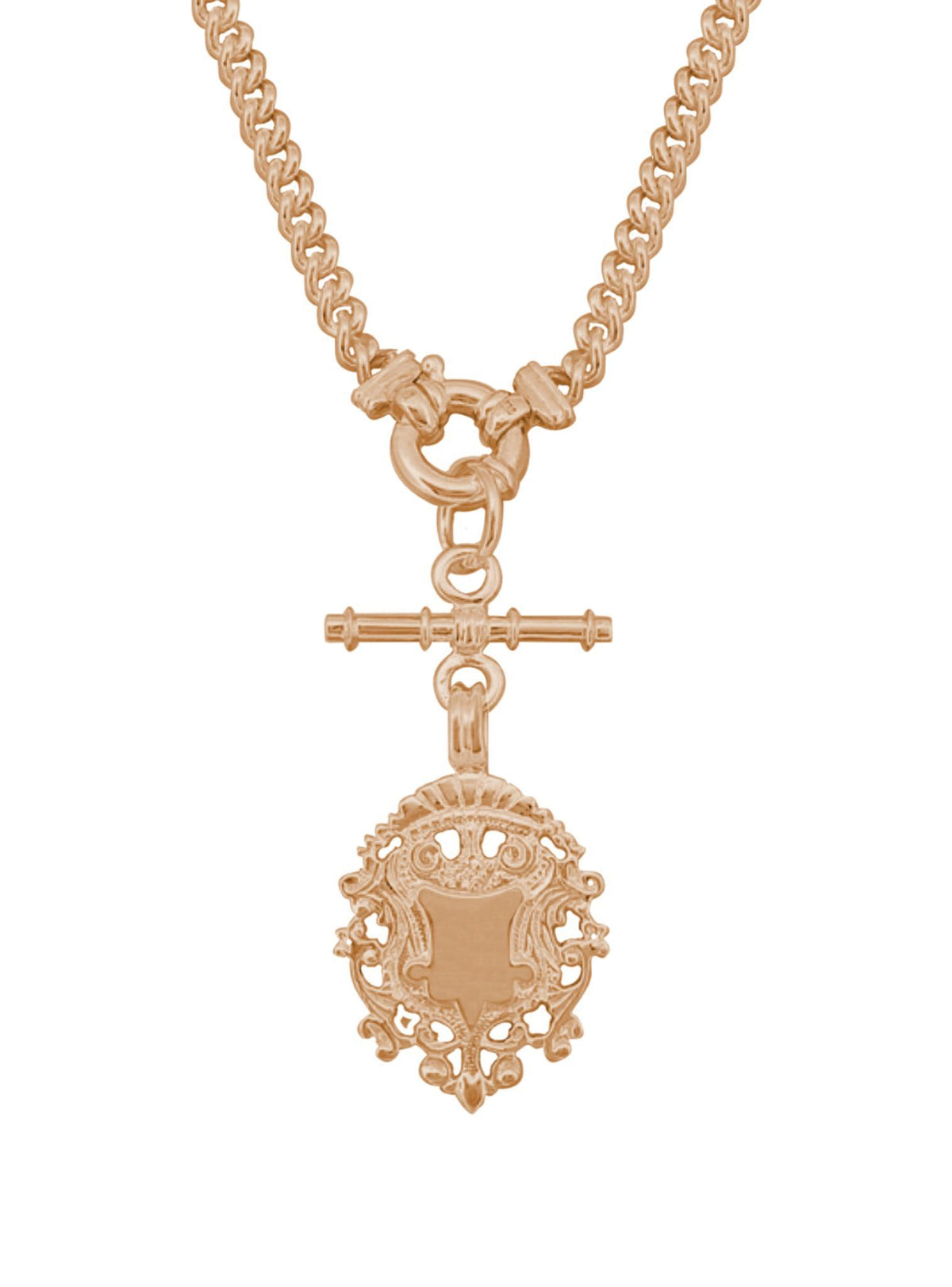 Unisex Tbar Fob Curb Chain Shield Necklace in Solid 9ct Rose Gold