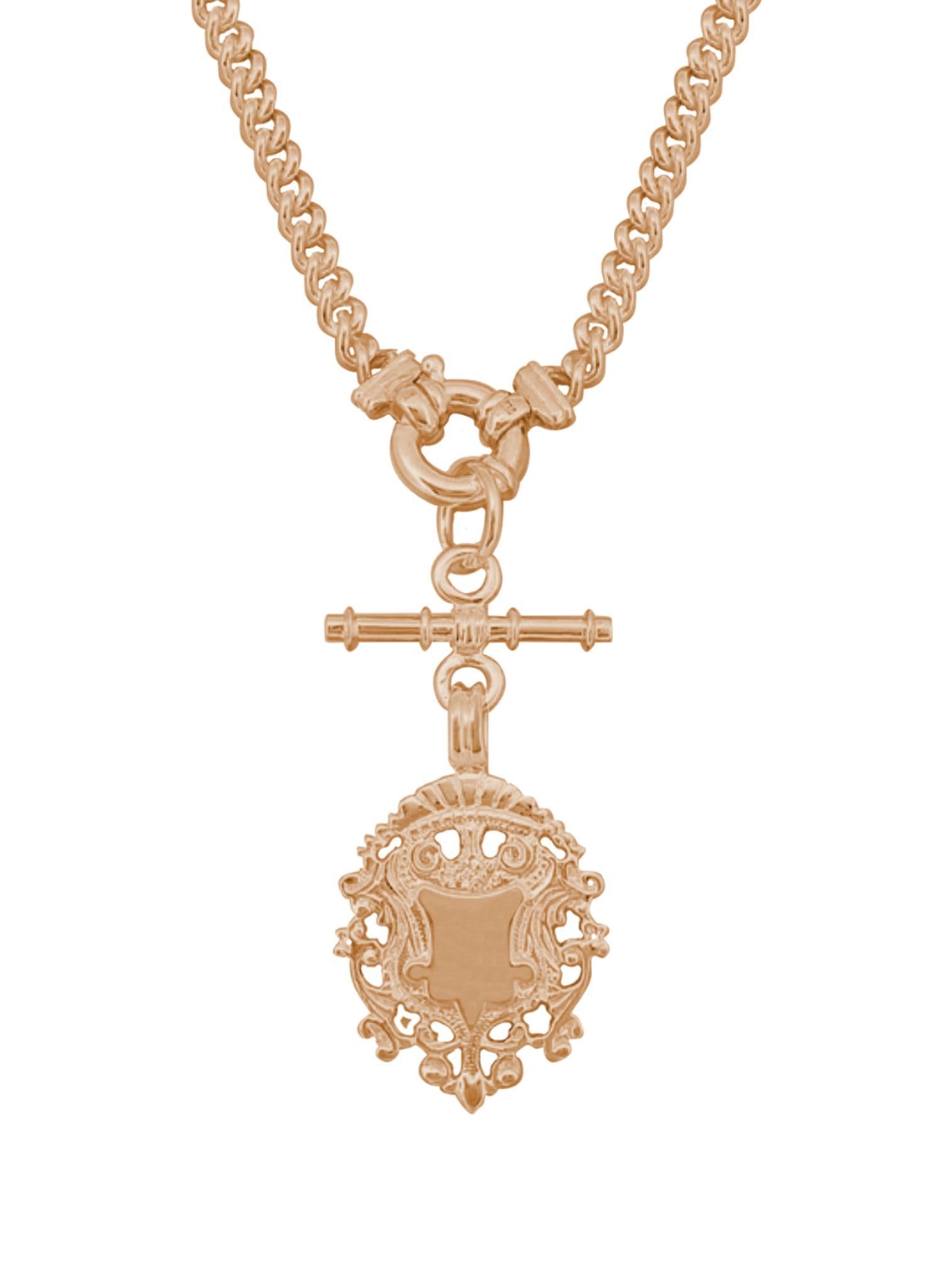 Unisex Tbar Fob Curb Chain Shield Necklace in Solid 9ct Rose Gold