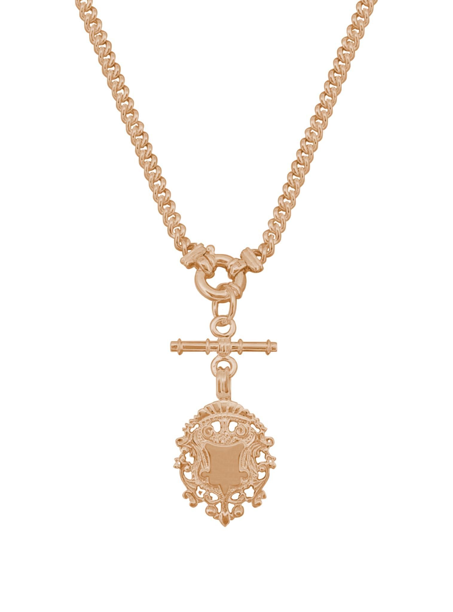Unisex Tbar Fob Curb Chain Shield Necklace in Solid 9ct Rose Gold