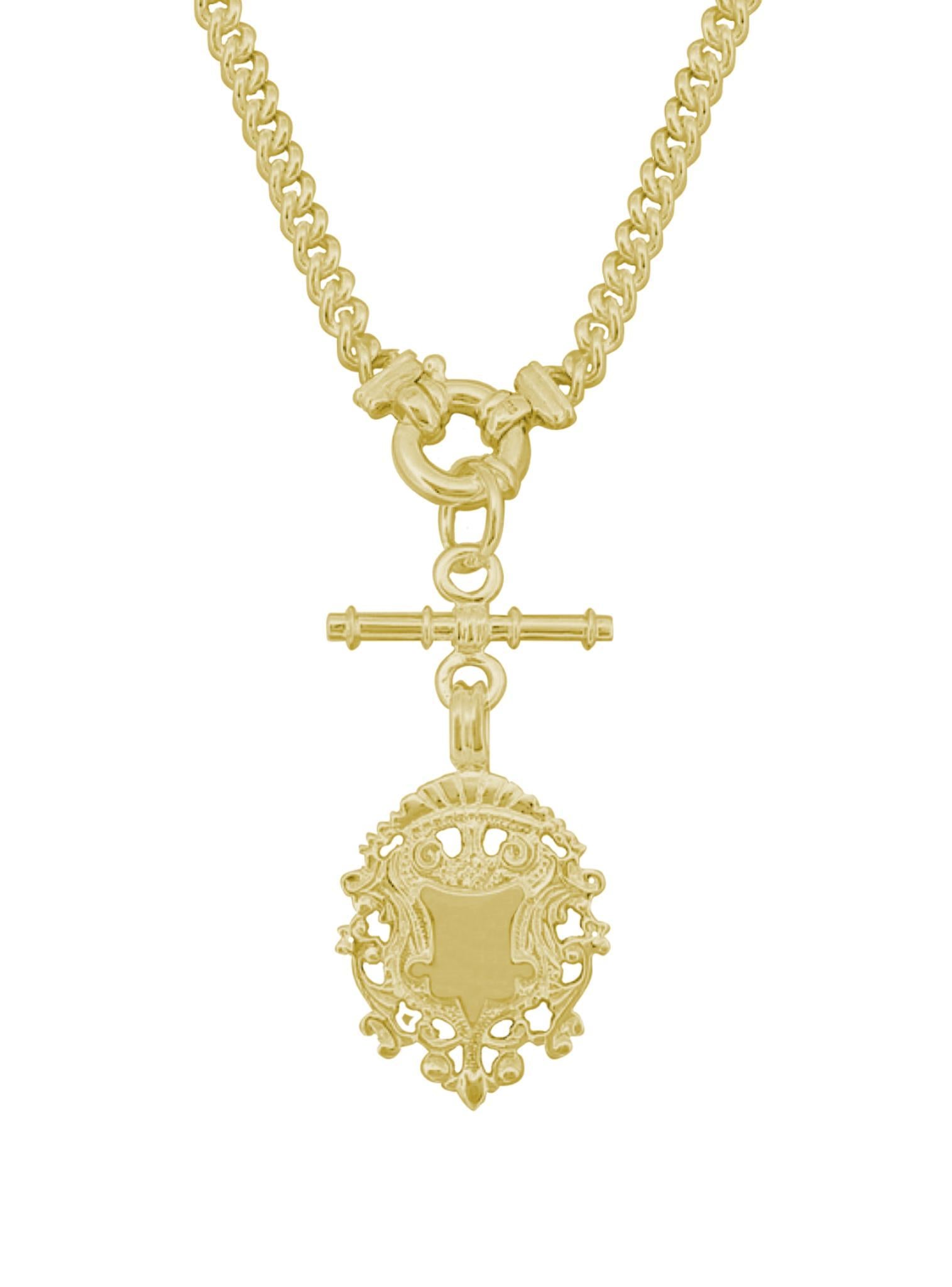 Unisex Tbar Fob Curb Chain Shield Necklace in Solid 9ct Gold