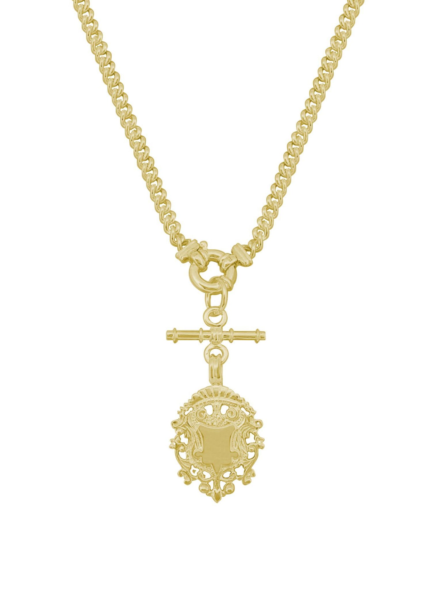 Unisex Tbar Fob Curb Chain Shield Necklace in Solid 9ct Gold