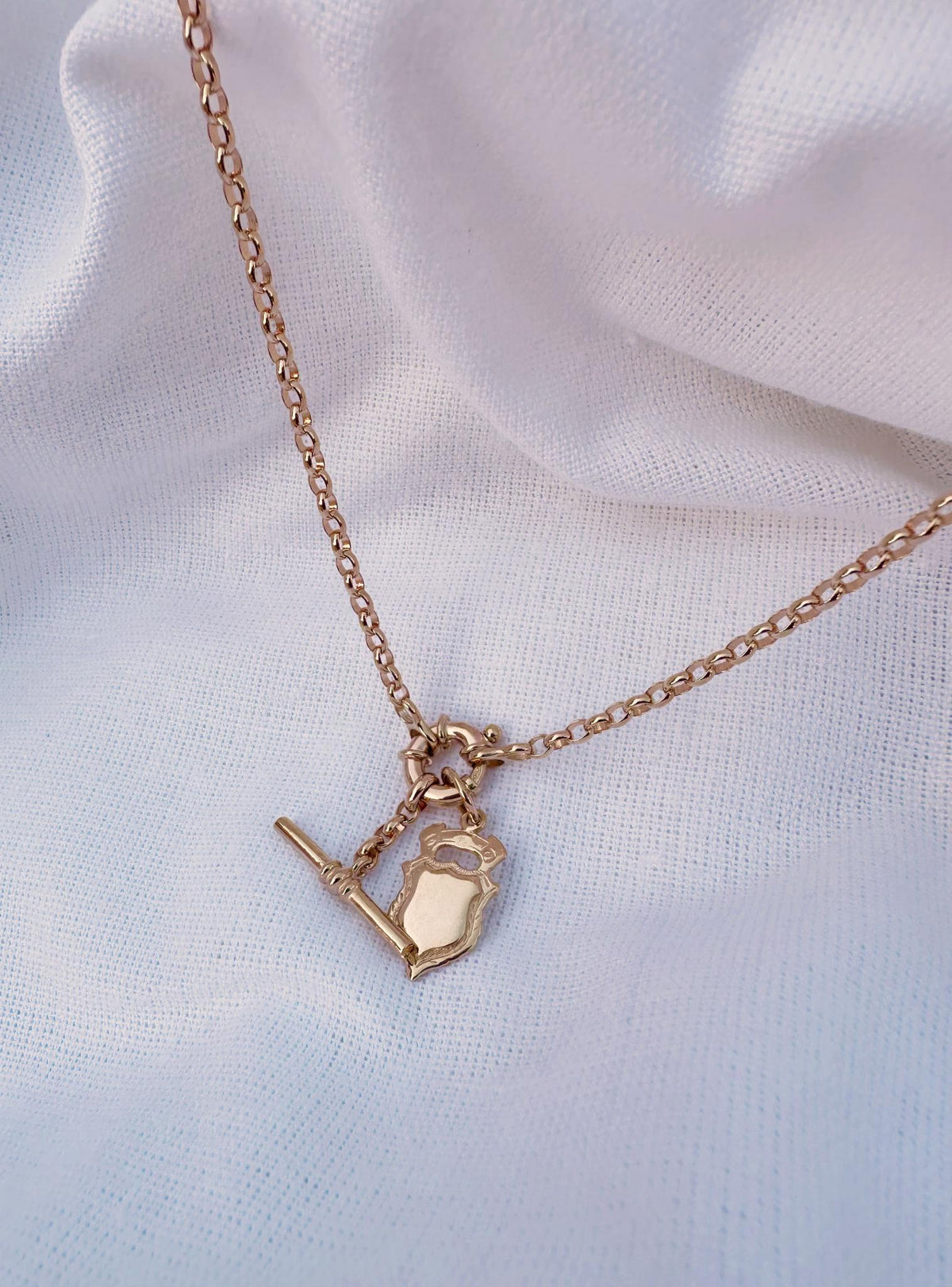 Shield Belcher Bolt Ring TBar Fob Necklace Chain in 9ct Rose Gold