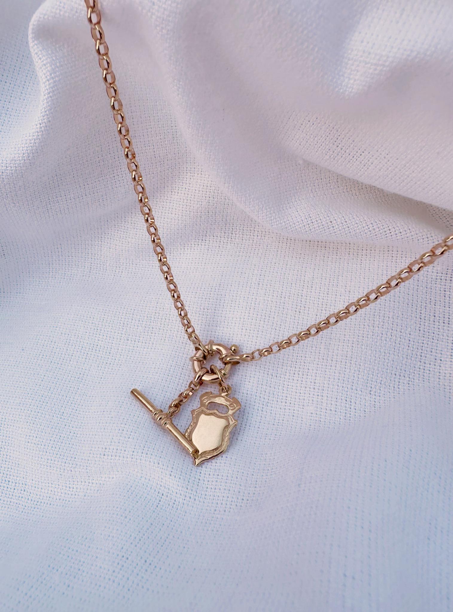 Shield Belcher Bolt Ring TBar Fob Necklace Chain in 9ct Rose Gold