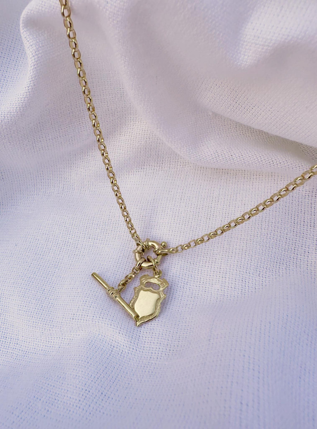 Shield Belcher Bolt Ring TBar Fob Necklace Chain in 9ct Gold