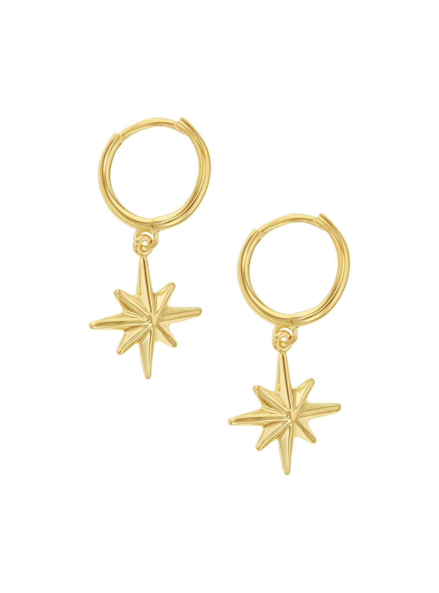 North Star Charm Huggie Hoop Earrings in 9ct Gold