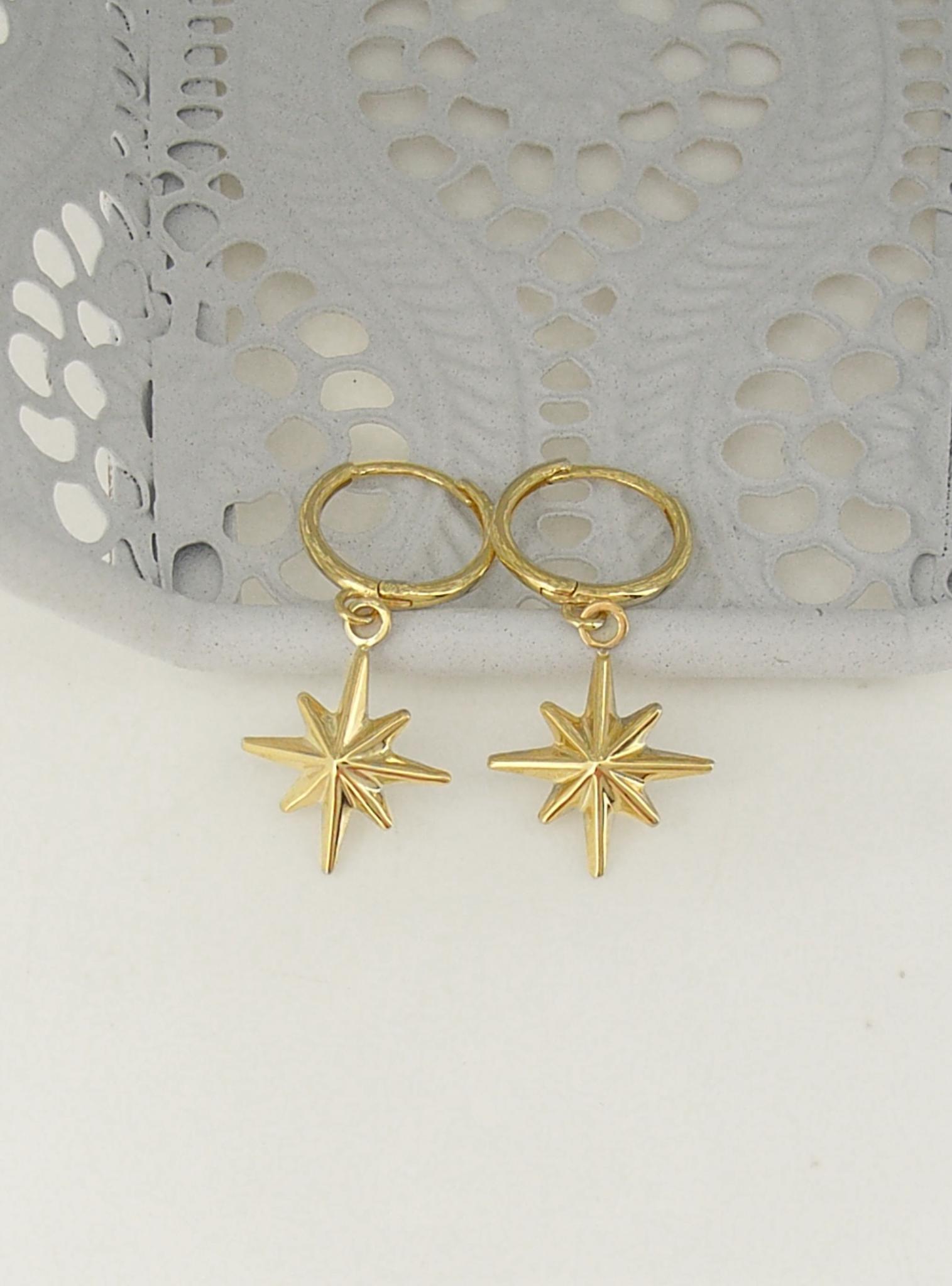 North Star Charm Huggie Hoop Earrings in 9ct Gold