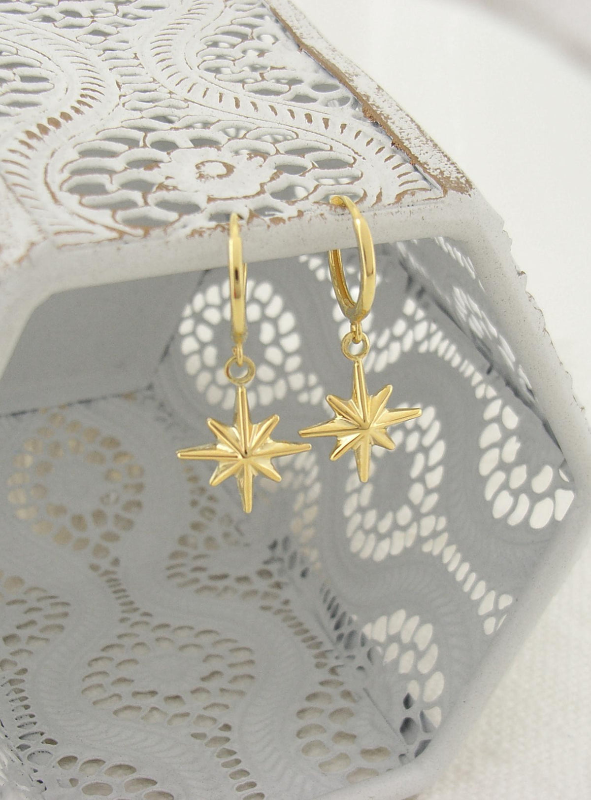 North Star Charm Huggie Hoop Earrings in 9ct Gold