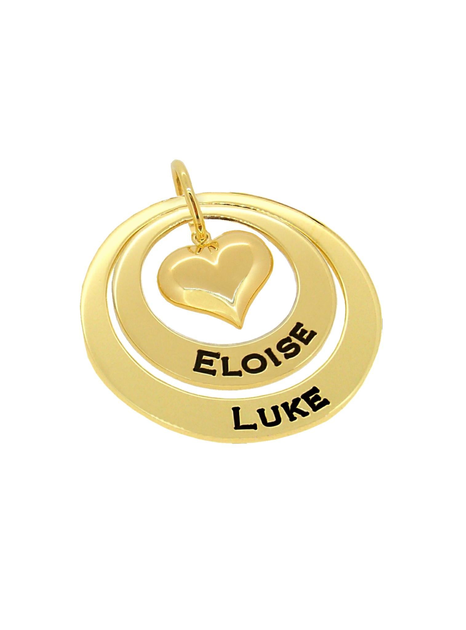 Personalised Family Name Circle Heart Charm Pendant in 9ct Gold