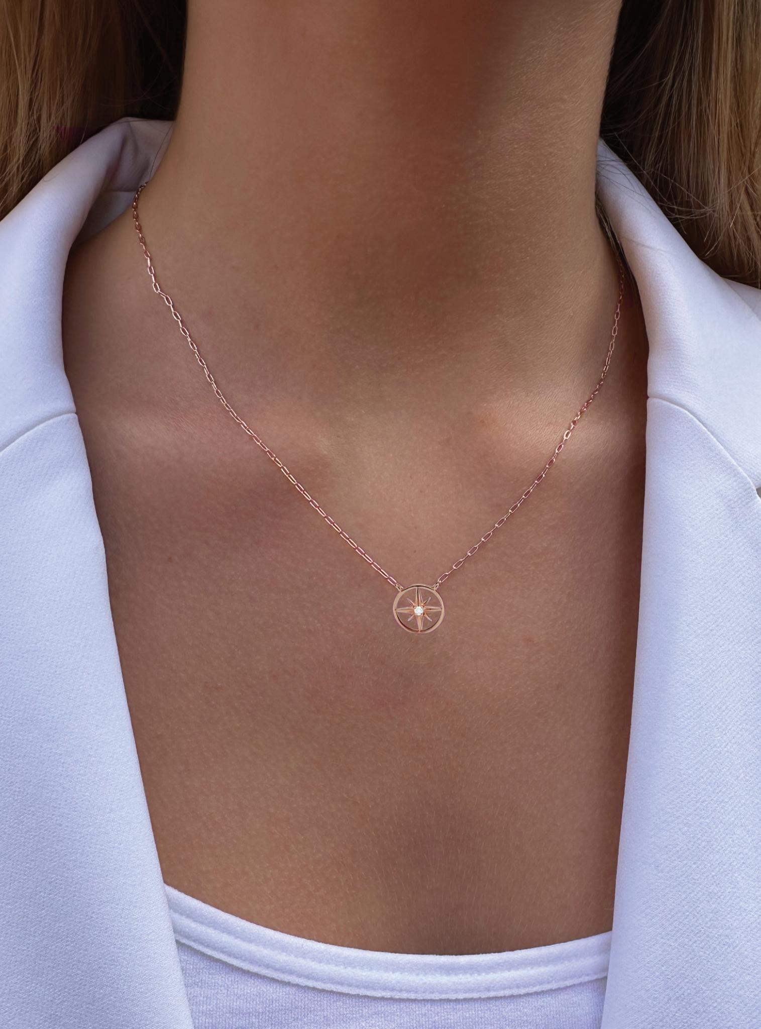 Diamond North Star Charm Paperclip Necklace in 9ct Rose Gold