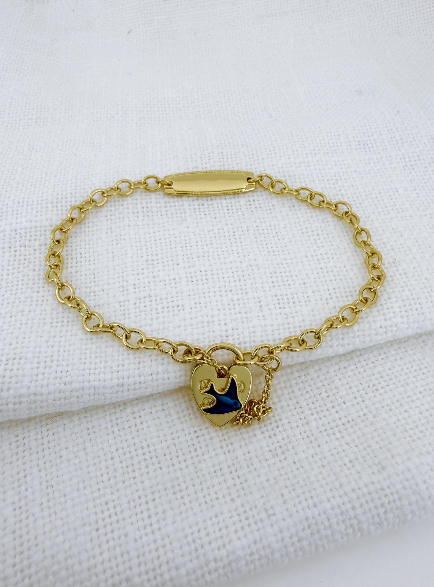 Bluebird Heart Identity Name Baby Bracelet in Gold