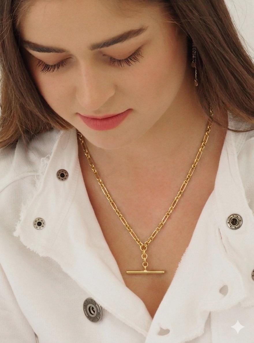 Unisex Tbar Fob Figaro Paperclip Chain Necklace in 9ct Gold