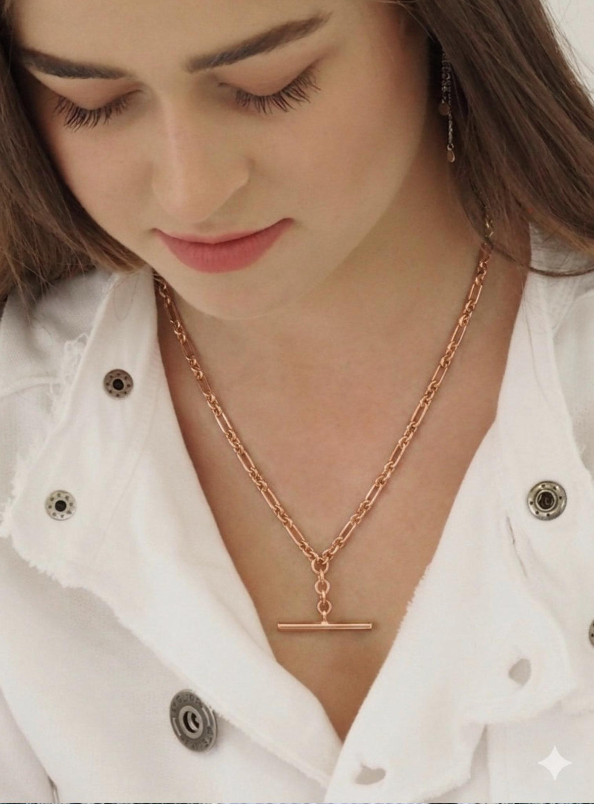 Unisex Tbar Fob Figaro Paperclip Chain Necklace in 9ct Rose Gold