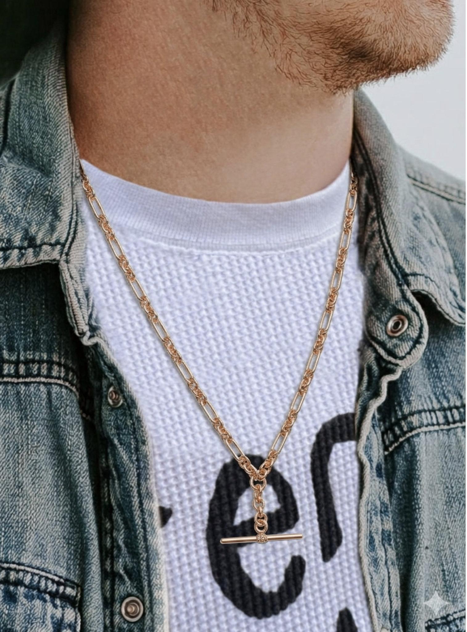 Unisex Tbar Fob Figaro Paperclip Chain Necklace in 9ct Rose Gold