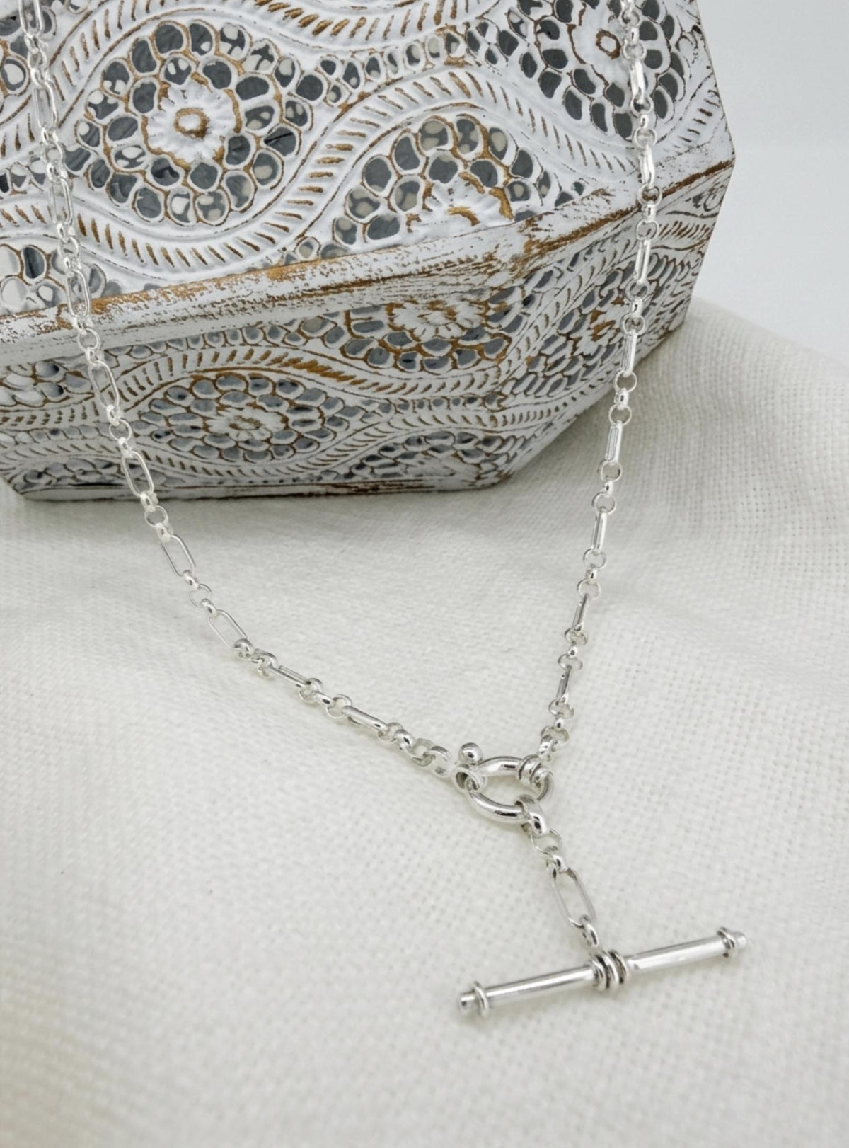 Figaro Belcher Bolt Ring TBar Fob Necklace in Sterling Silver