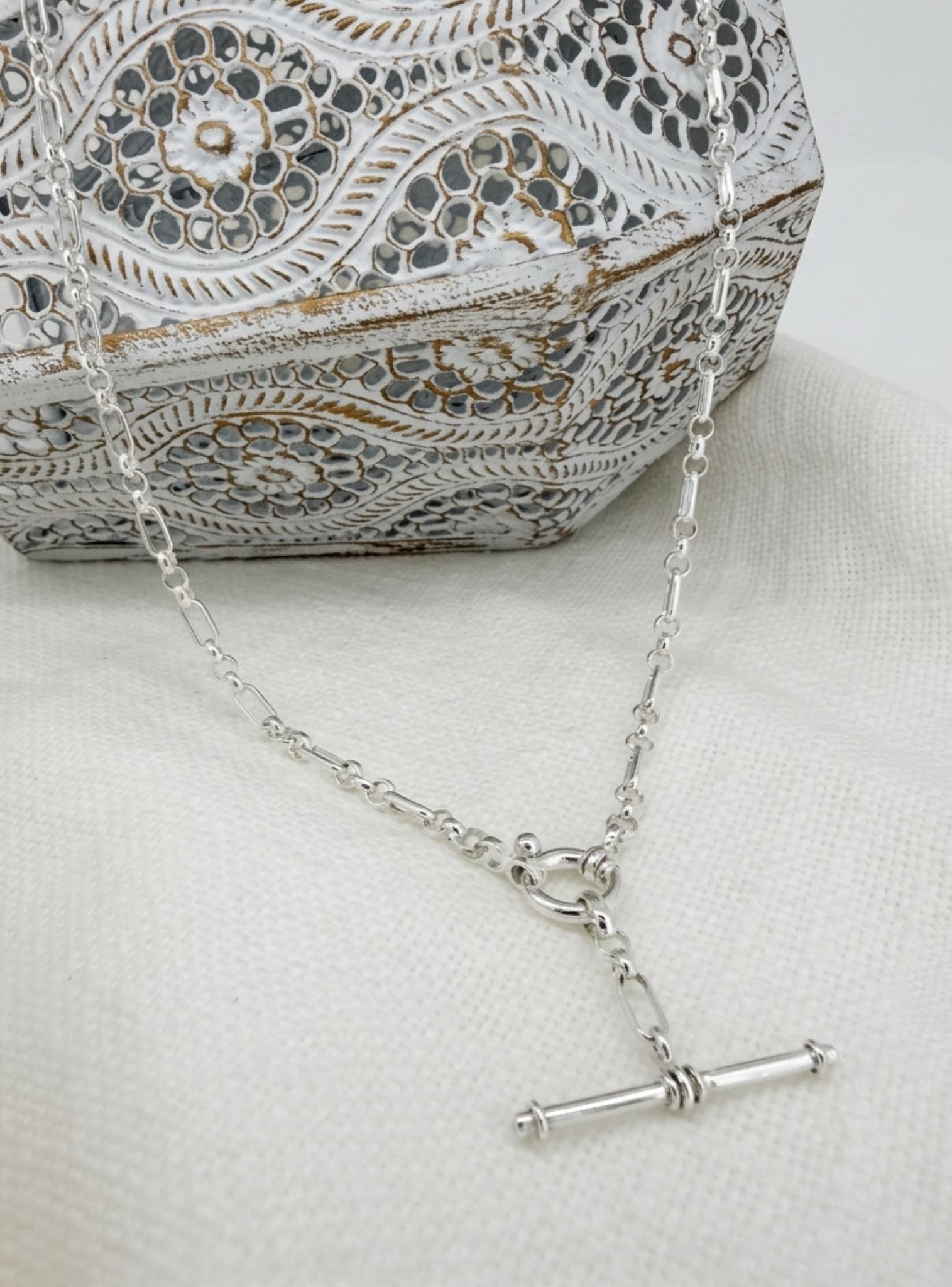 Figaro Belcher Bolt Ring TBar Fob Necklace in Sterling Silver