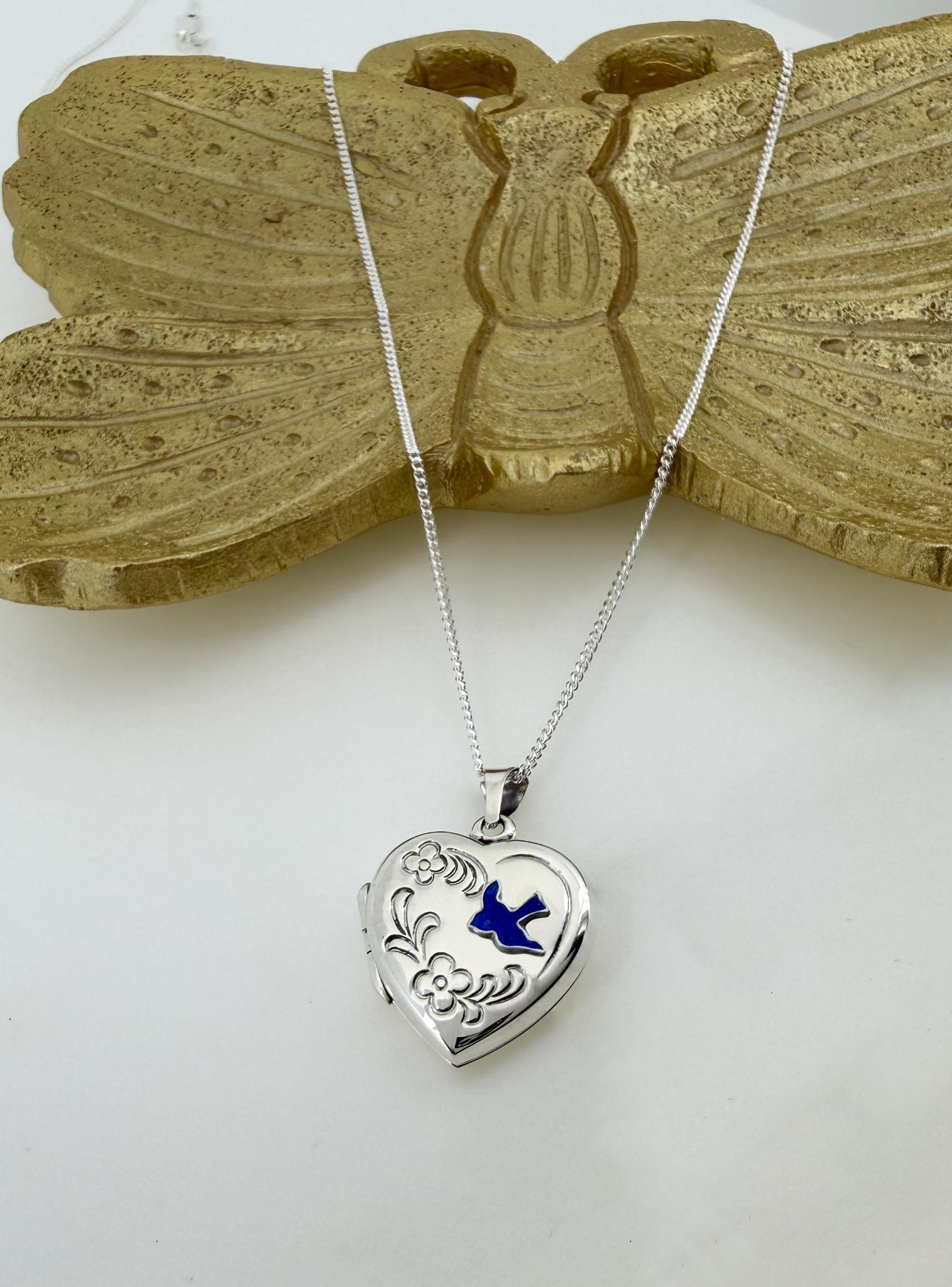 Bluebird of Happiness Flower Heart Photo Locket Necklace