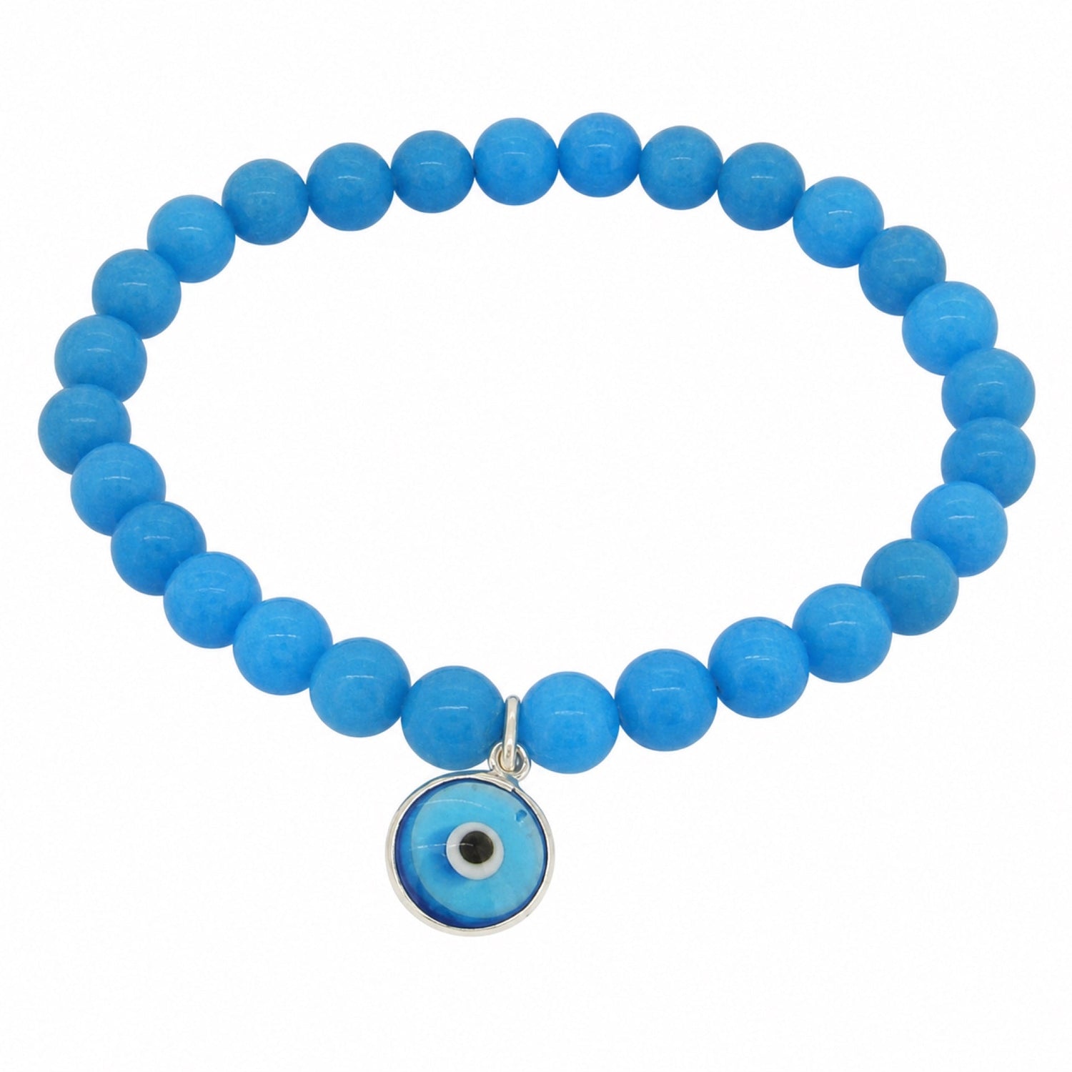 Blue 6mm beaded sterling silver bracelet with protection evil-eye charm on a white background