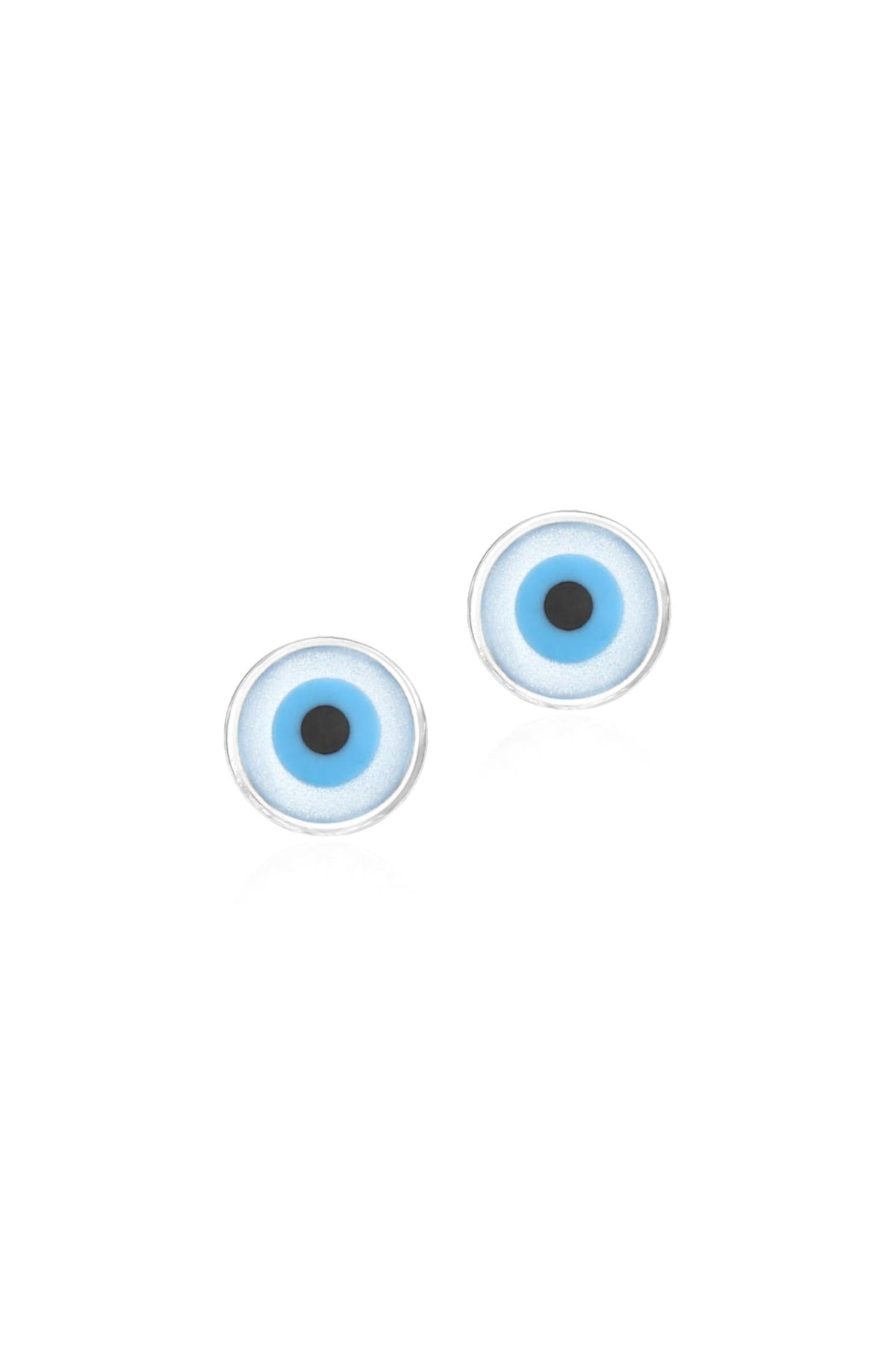 Evil eye charm disc stud earrings in sterling silver on a white background
